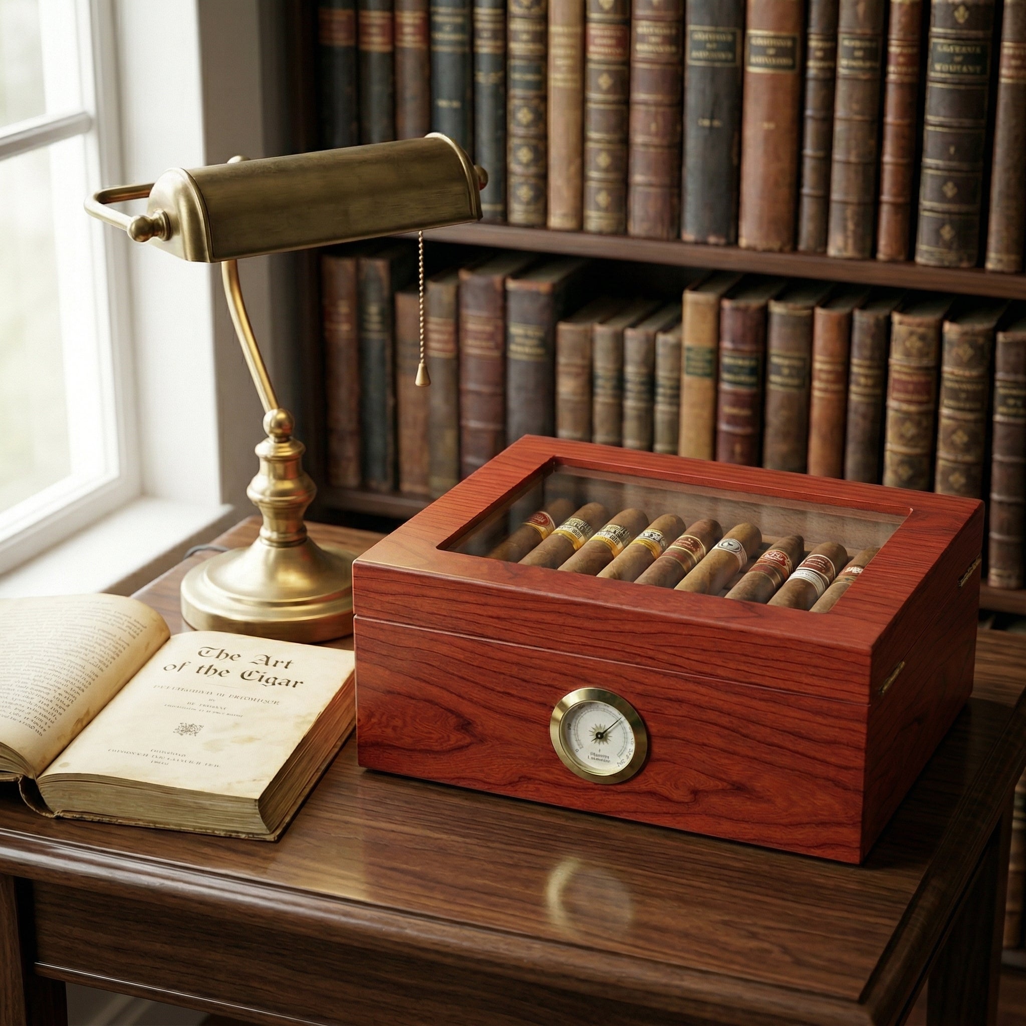 3/4 perspective of a yellow burl wood cigar humidor. Highlights the glass-top lid, gold-trimmed hygrometer, and the high-shine reflective finish of the exotic wood grain. Minimalist luxury design for home or office.