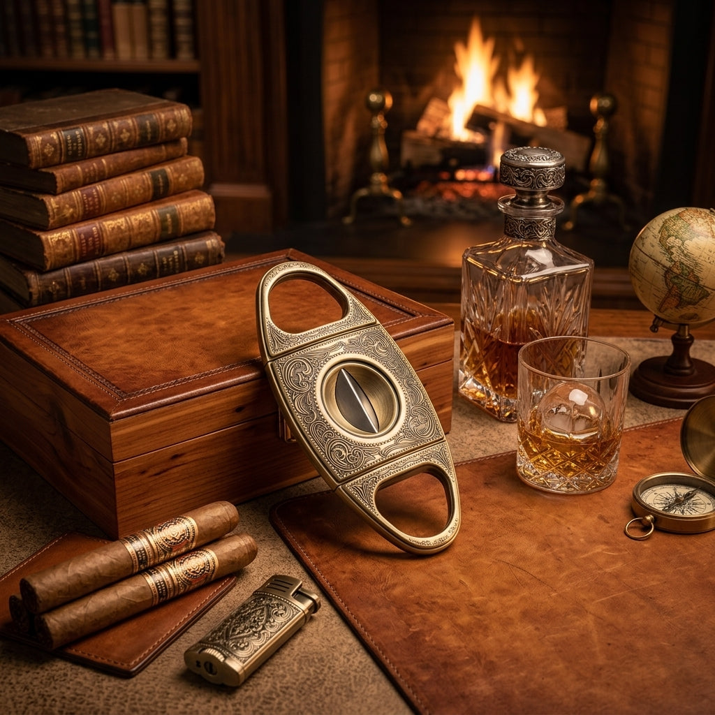 Double guillotine cigar cutter in silver finish with precision stainless steel blades