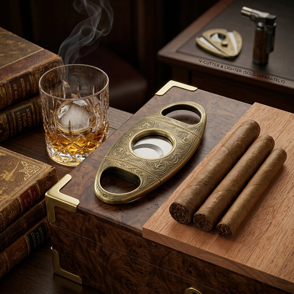 Engraved Double Blade Cigar Cutter - Antique Bronze Guillotine Cutter