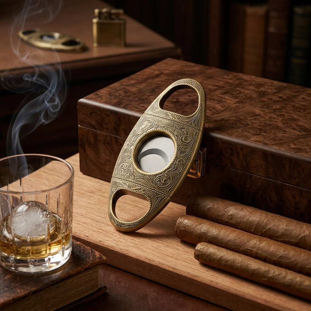 Engraved Double Blade Cigar Cutter - Antique Bronze Guillotine Cutter