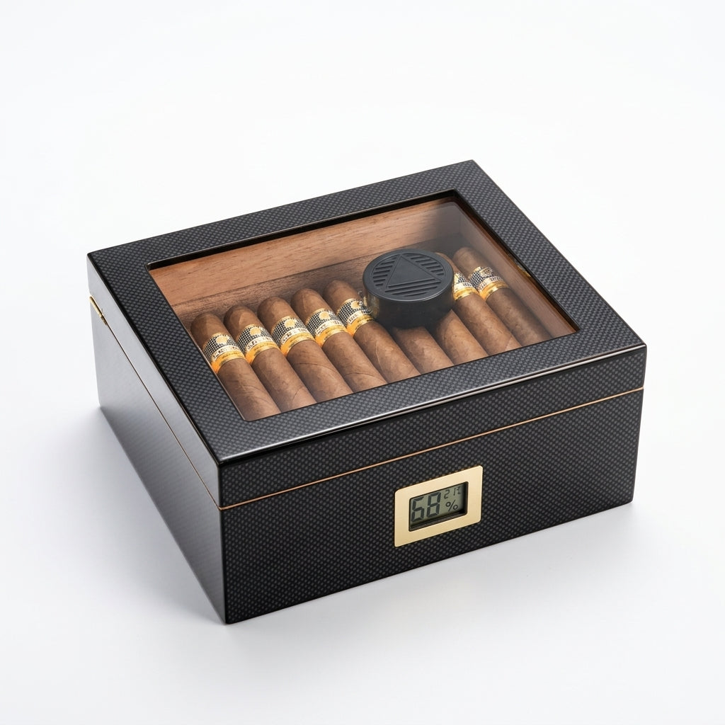 Luxury cigar humidor with carbon fiber exterior and cedar interior - premium cigar storage box with cigars