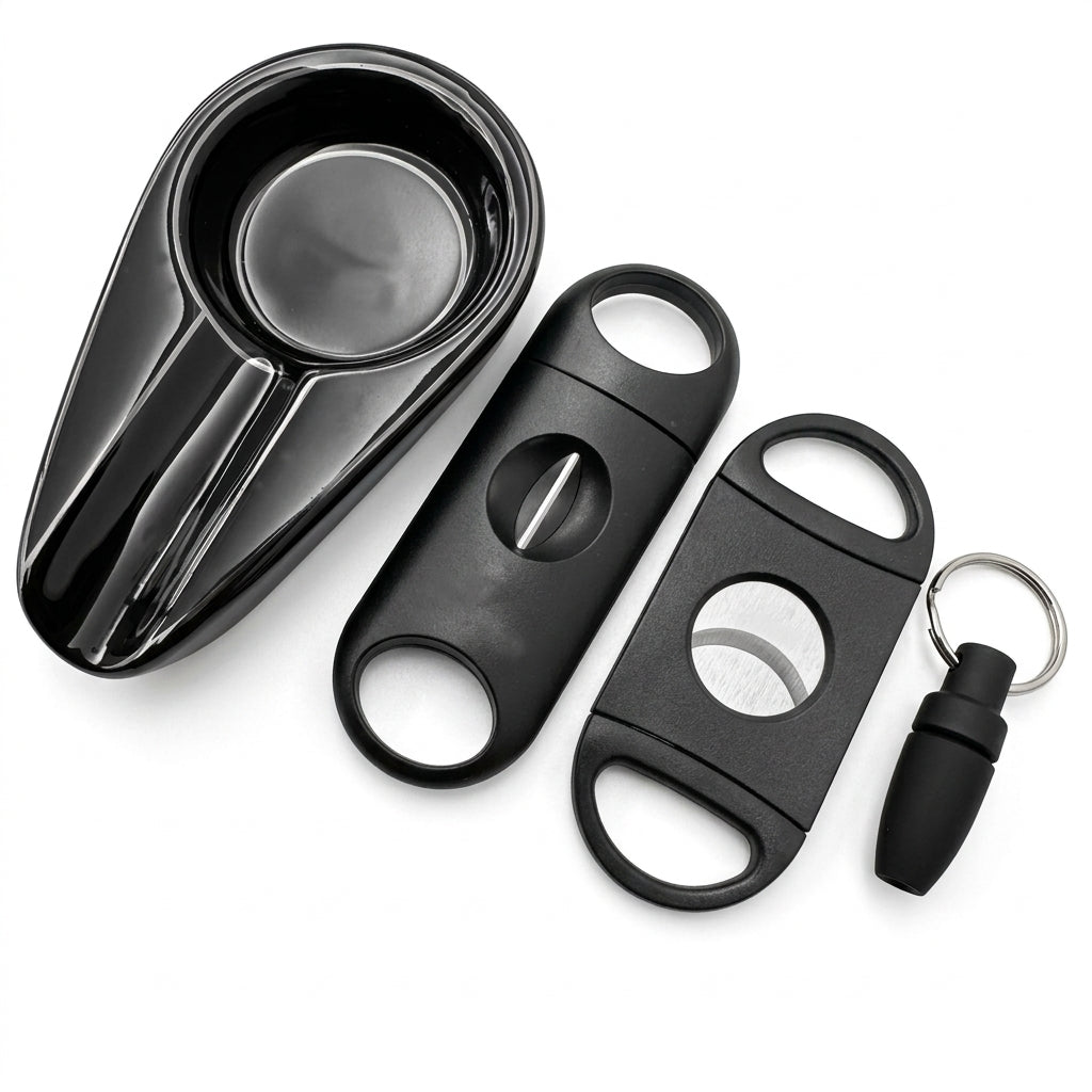 Complete cigar accessory set with ashtray, cigar cutters and punch - premium cigar tools kit