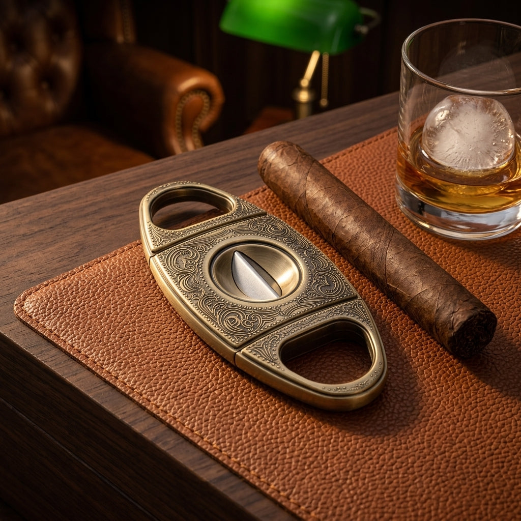 luxury silver gold cigar v-cutter beside a cigar