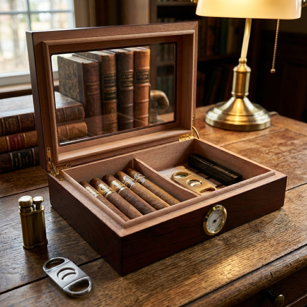 Open Spanish cedar humidor on a rustic wooden desk next to a brass lighter, cigar cutter, and vintage books. Interior shows cedar dividers, cigars, a humidifier, and a gold-trimmed analog hygrometer on the front.