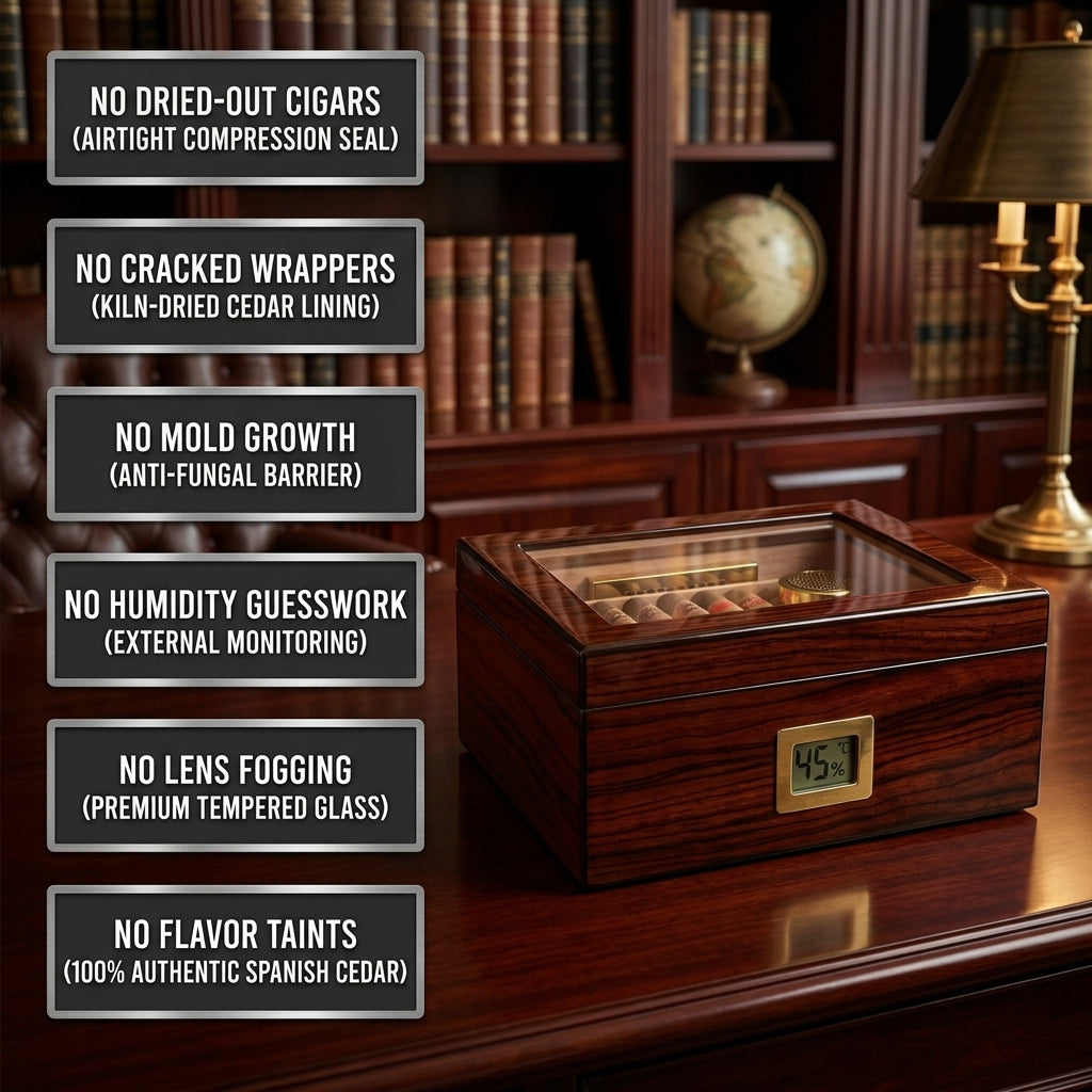 Cigar humidor box with cigars inside and hygrometer - ideal storage for preserving cigars