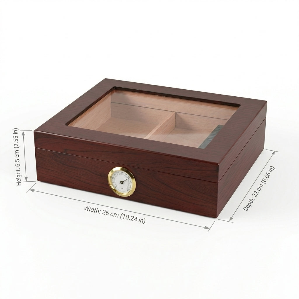 Technical dimension drawing of a cherry wood cigar humidor. Labeled measurements: Width 26 cm (10.24 in), Depth 22 cm (8.66 in), and Height 6.5 cm (2.55 in). Shown on a clean white background.