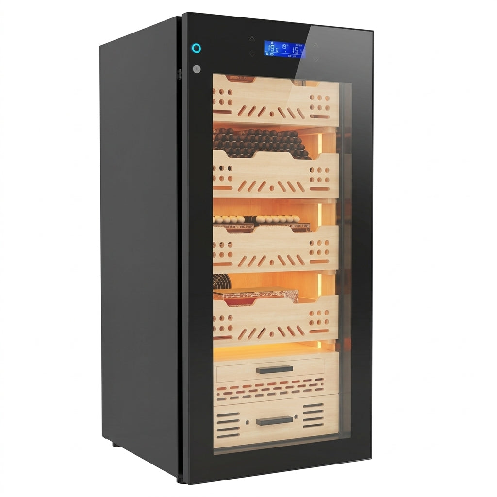 Cigar humidor with 360 degree air circulation system for even humidity and temperature control