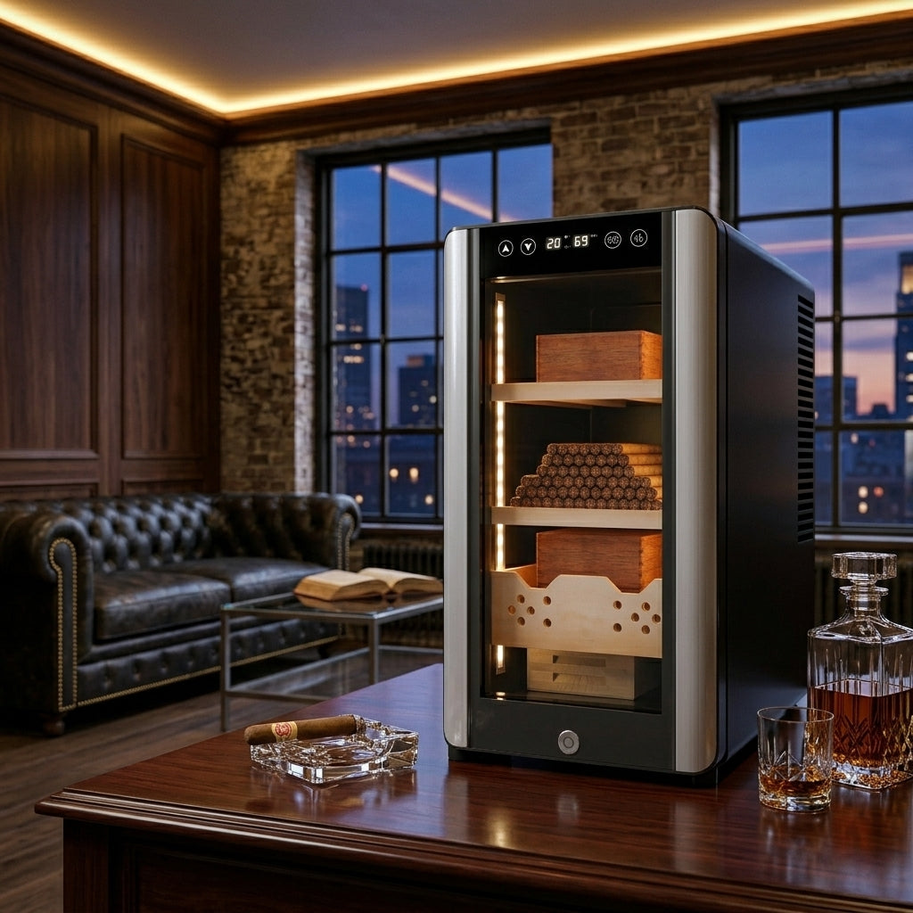 Cigar humidor cabinet with wooden shelves and LED lighting - optimal cigar storage environment