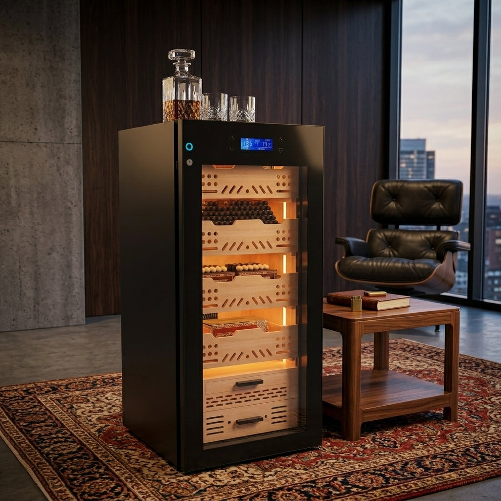 Cigar humidor with 360 degree air circulation system for even humidity and temperature control
