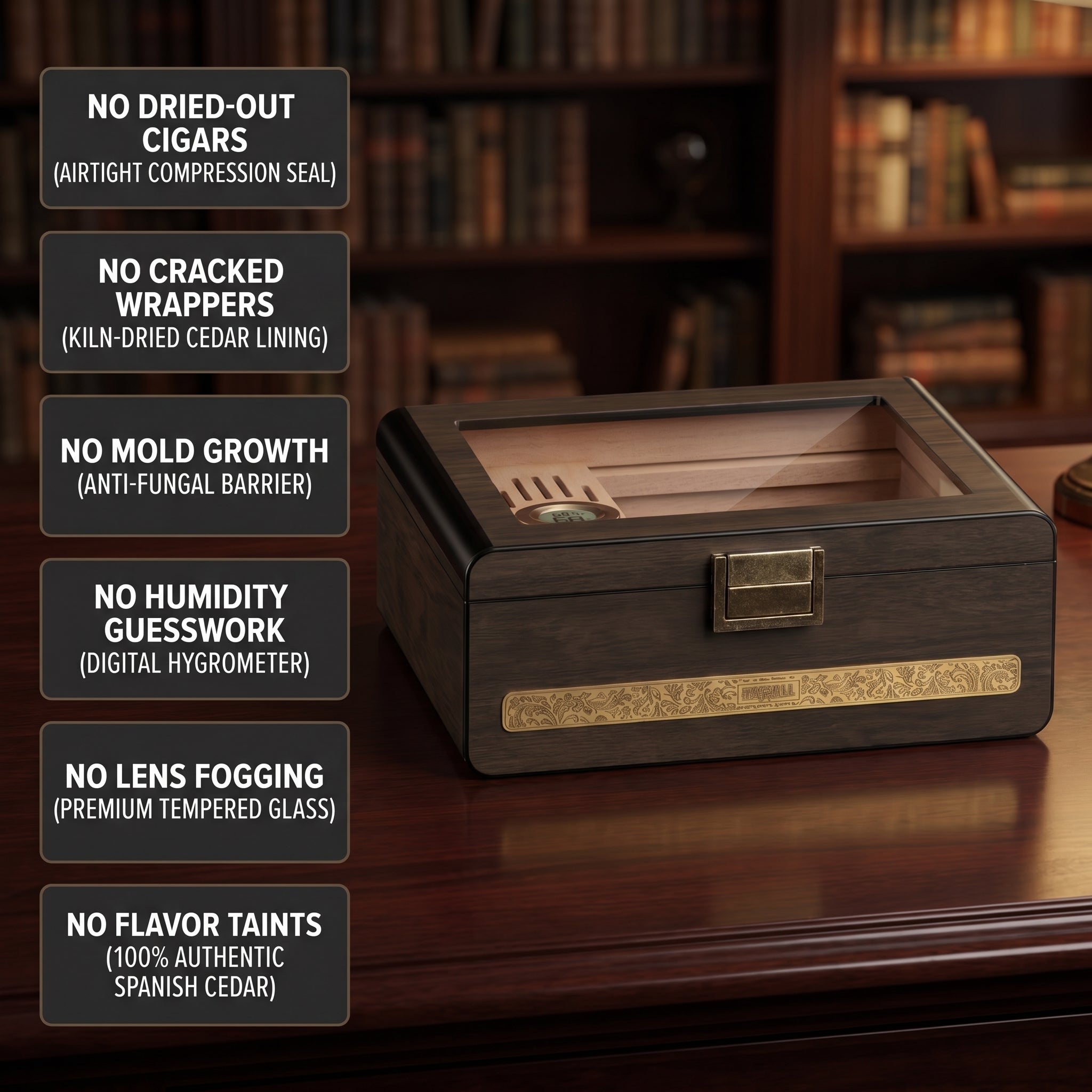 Consulate espresso wood humidor with labeled feature callouts highlighting glass lid, dual safety latches, cedar interior, and included accessories