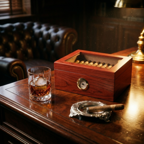 Desktop cigar humidor with built-in hygrometer for accurate humidity monitoring