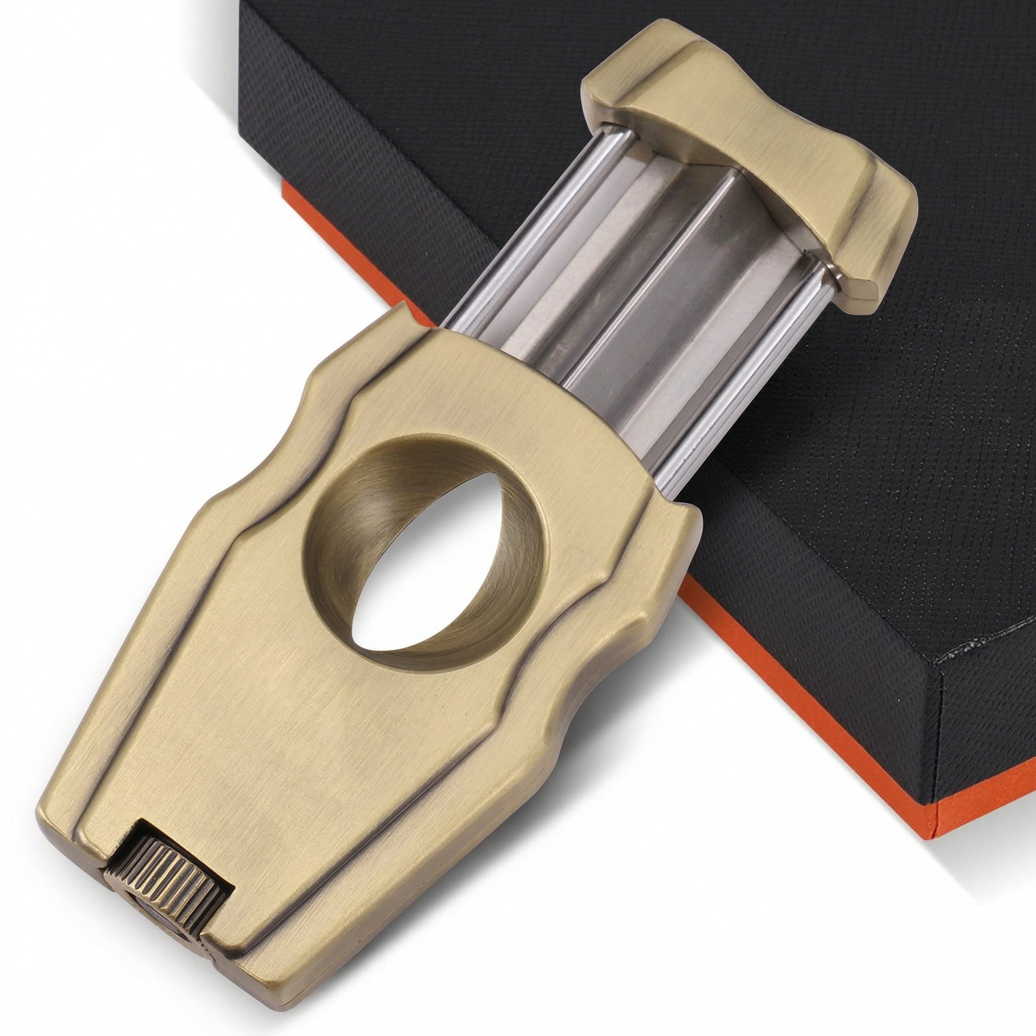 Double guillotine cigar cutter in silver finish with precision stainless steel blades