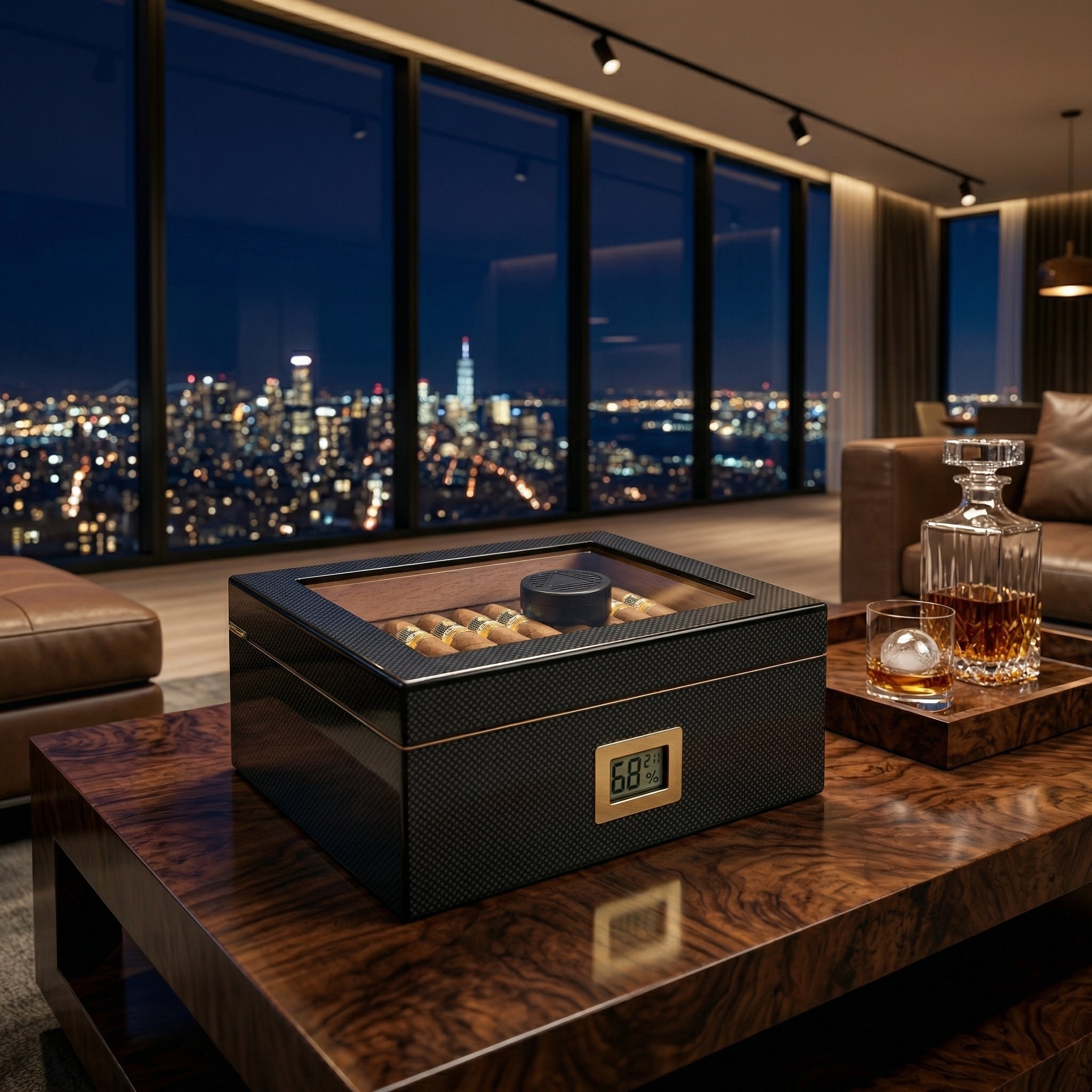 Carbon fiber glass-top humidor with digital hygrometer in a modern luxury apartment setting.
