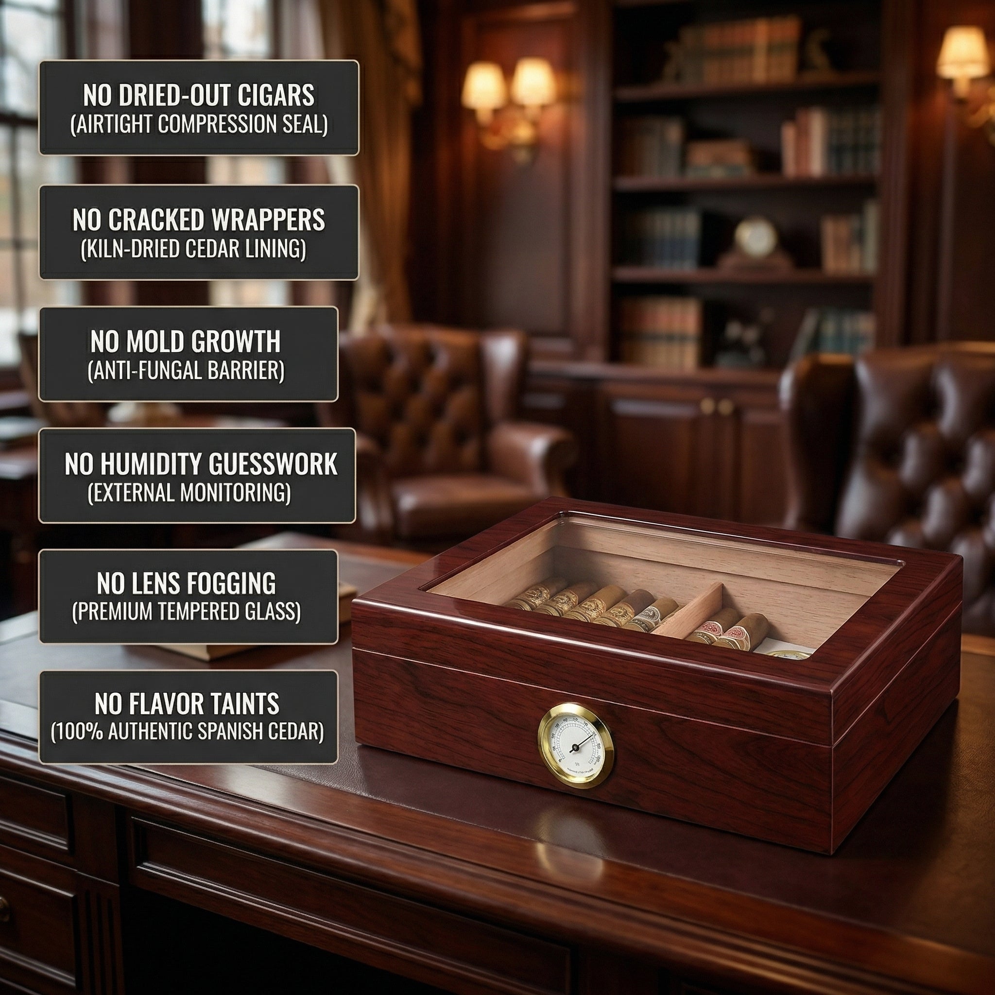 Professional cherry wood cigar humidor infographic highlighting key features: airtight compression seal, kiln-dried Spanish cedar lining, anti-fungal barrier, external hygrometer monitoring, tempered glass lens, and 100% authentic flavor-preserving cedar.