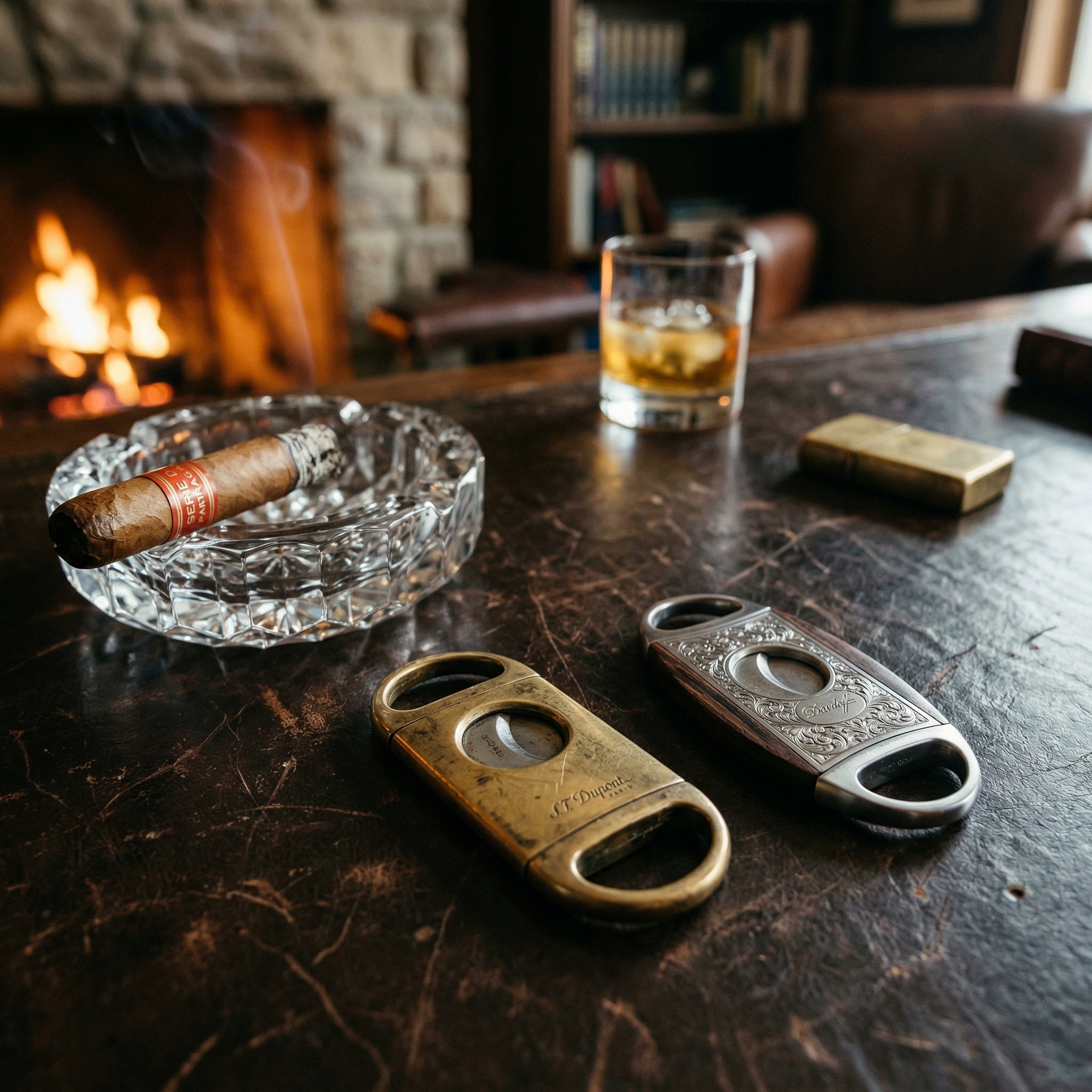 Action shot of a person's hand using the ornate antique brass double-guillotine cutter to slice the cap of a premium cigar. The image captures the moment the stainless steel blades close on the tobacco, set against a clean white background.