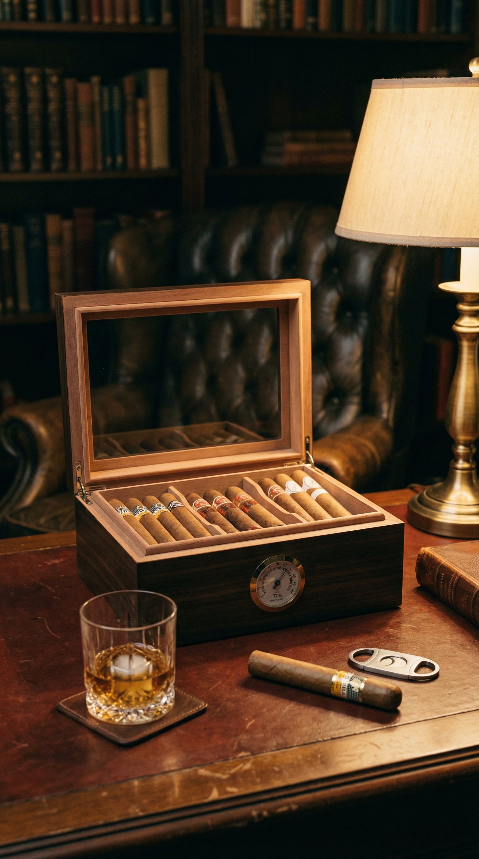 Luxury wooden cigar humidor with glass top and hygrometer - premium cigar storage box