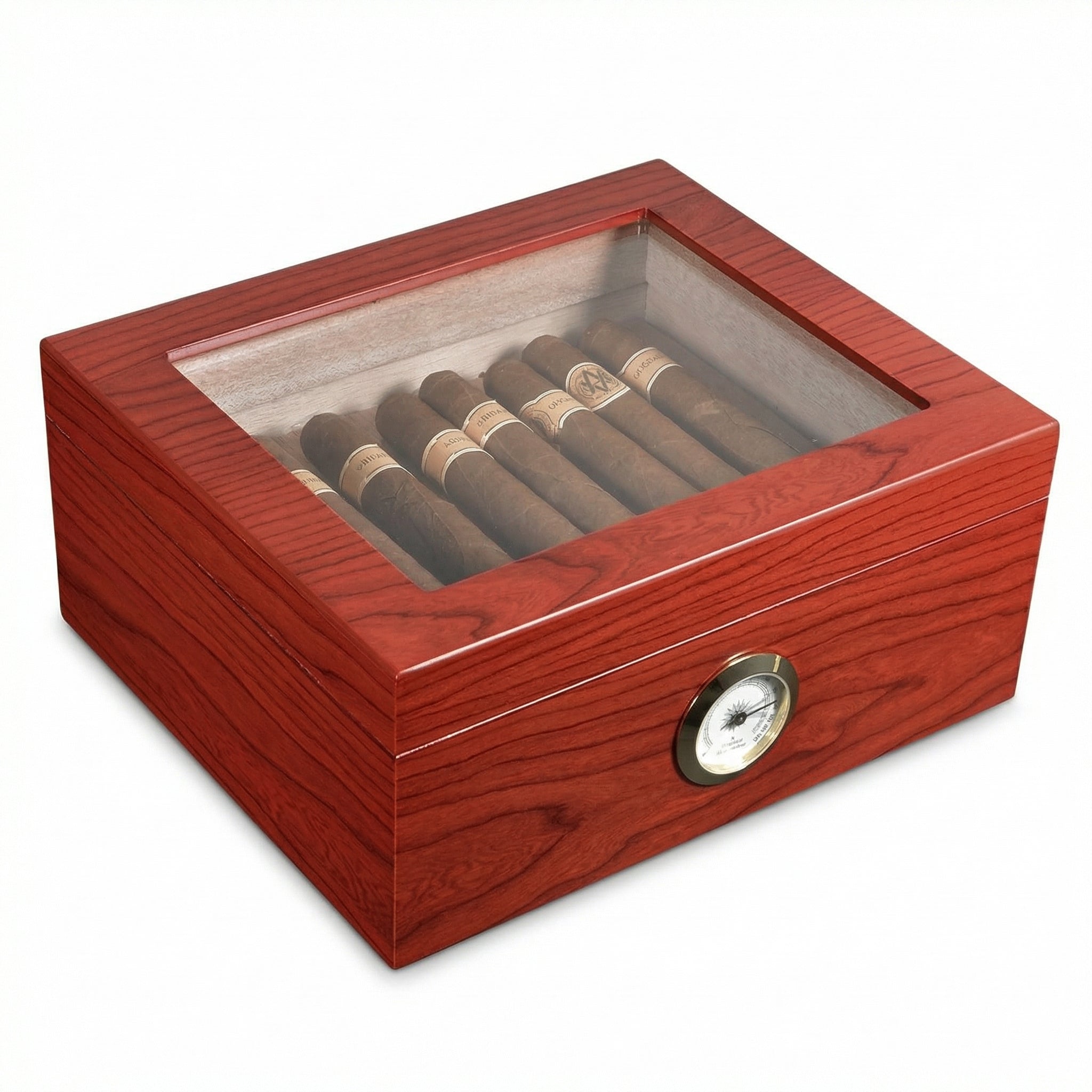 Luxury red wood cigar humidor with glass top and hygrometer - premium cigar storage box