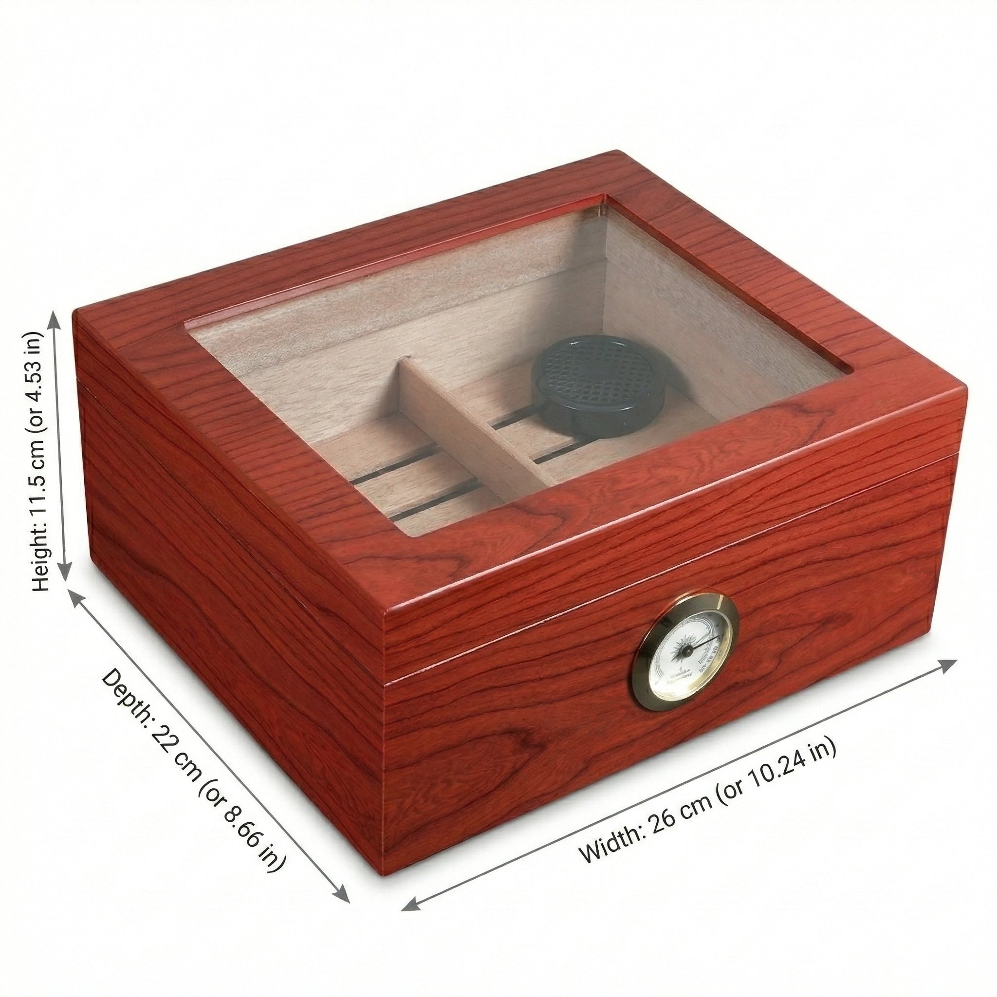 Angled view of a classic mahogany wood humidor with a glass window lid. Features professional Spanish cedar interior dividers visible through the glass and a polished exterior with a gold-set hygrometer and with dimensions