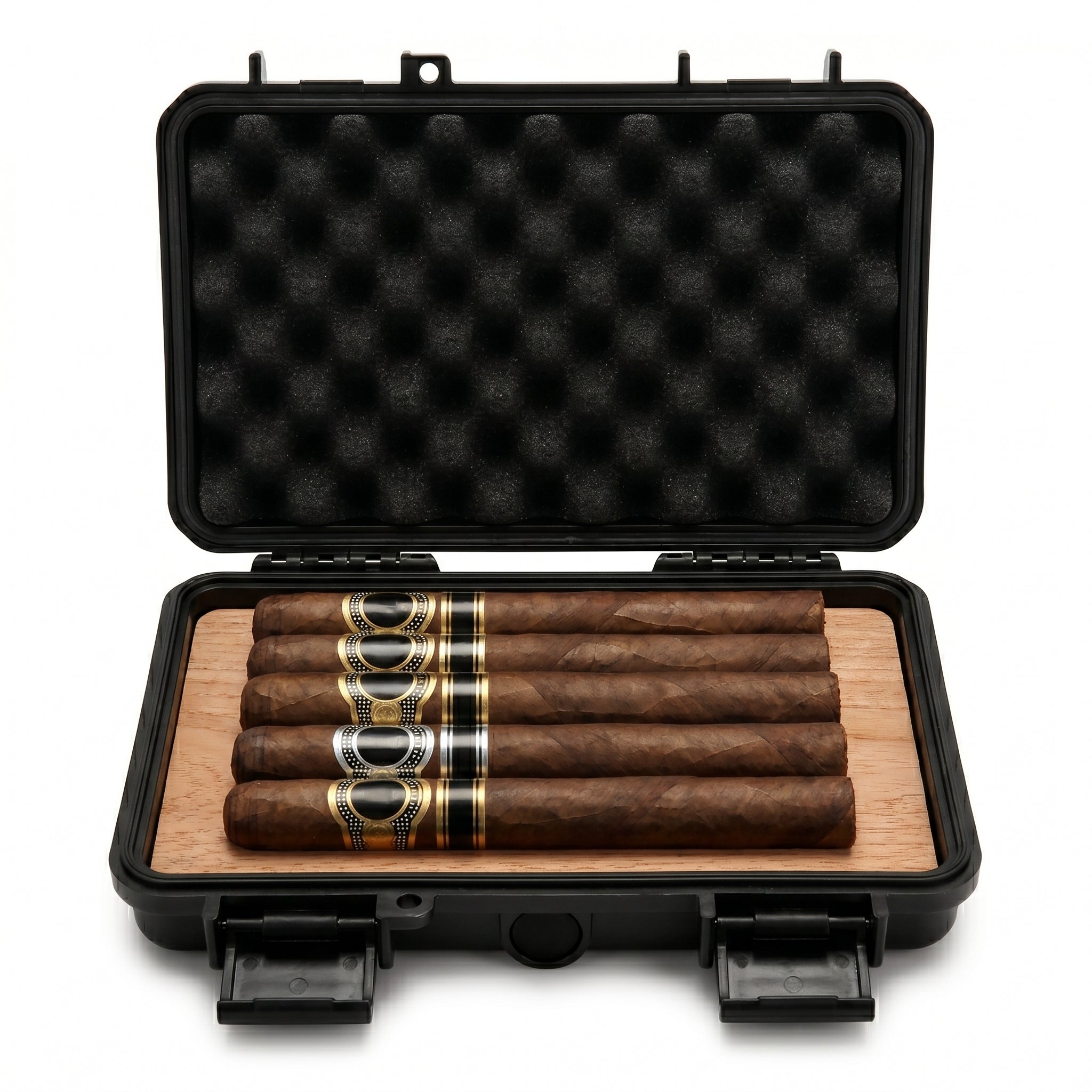 Cedar Shell 5-cigar travel humidor open on white background, revealing cedar interior and foam cigar slots with dual flip-lock latches visible
