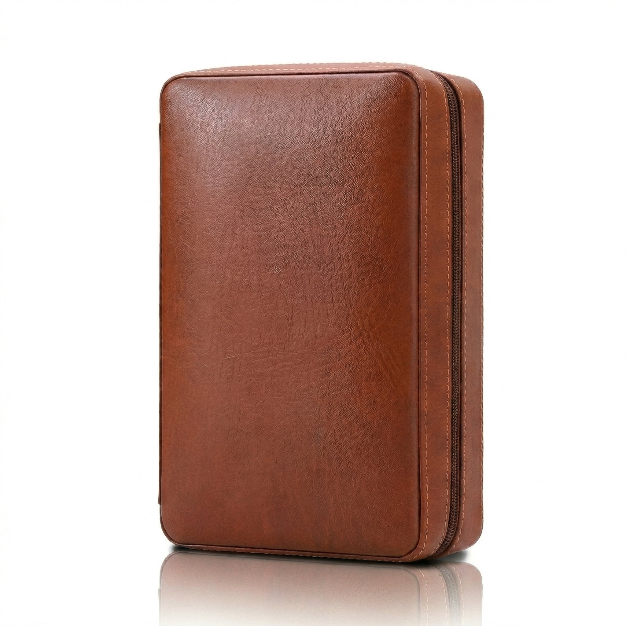 Vertical front-facing view of a closed brown leather cigar travel case. Showcases the pebbled leather texture, durable perimeter stitching, and secure zipper closure with a reflective white background.