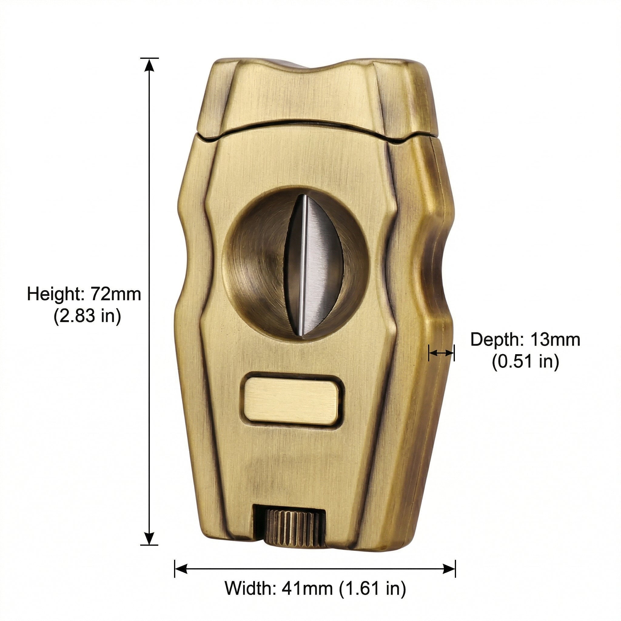 Technical product image of an antique brass V-cut cigar cutter on a white background. Black dimension lines indicate a height of 72mm (2.83 in), a width of 41mm (1.61 in), and a depth of 13mm (0.51 in).