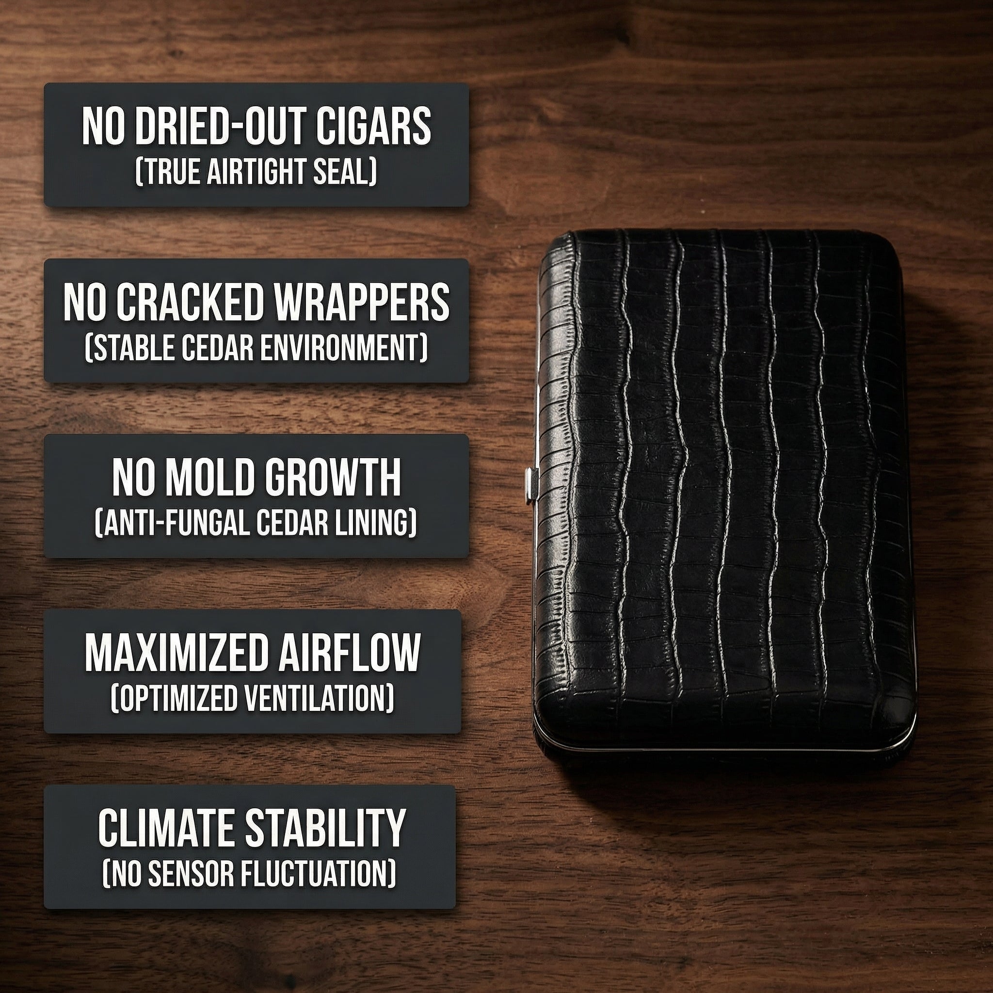 Black crocodile-embossed leather travel cigar humidor on dark walnut surface with feature callouts: airtight seal, stable cedar environment, anti-fungal cedar lining, optimized ventilation, and climate stability