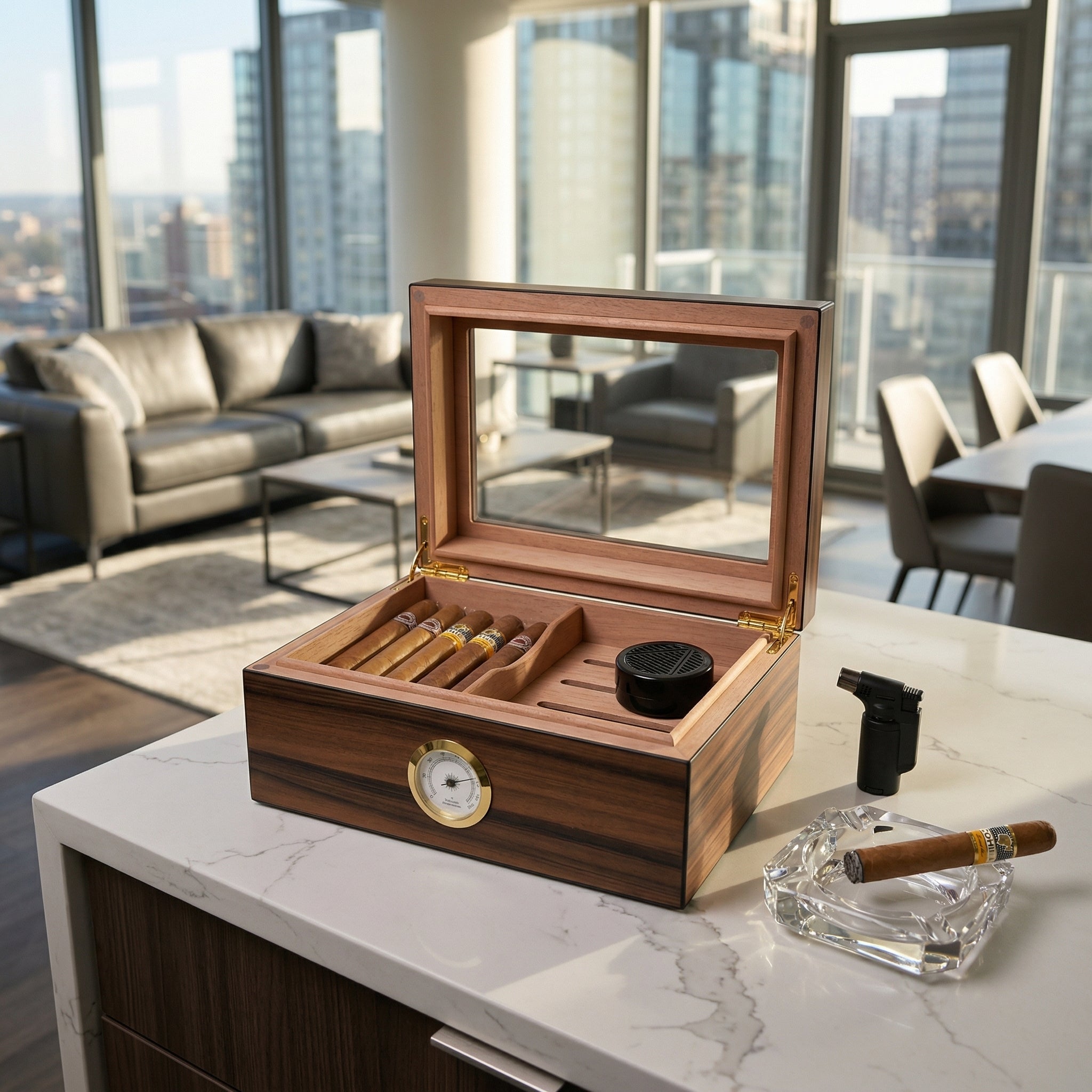 open dark brown lined wood cigar humidor for better preservation of cigar