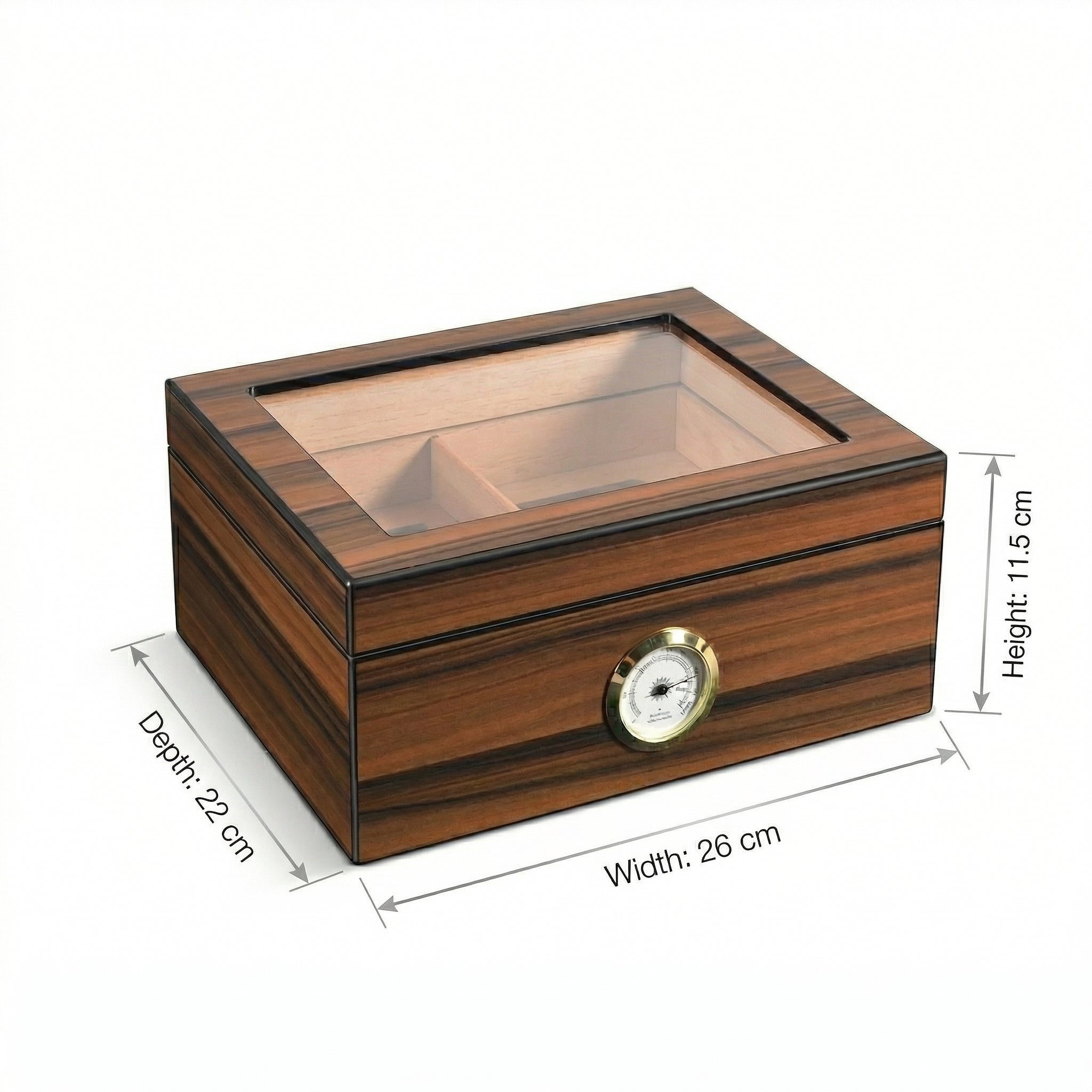 Luxury wooden cigar humidor with glass top and hygrometer - premium cigar storage box with dimensions