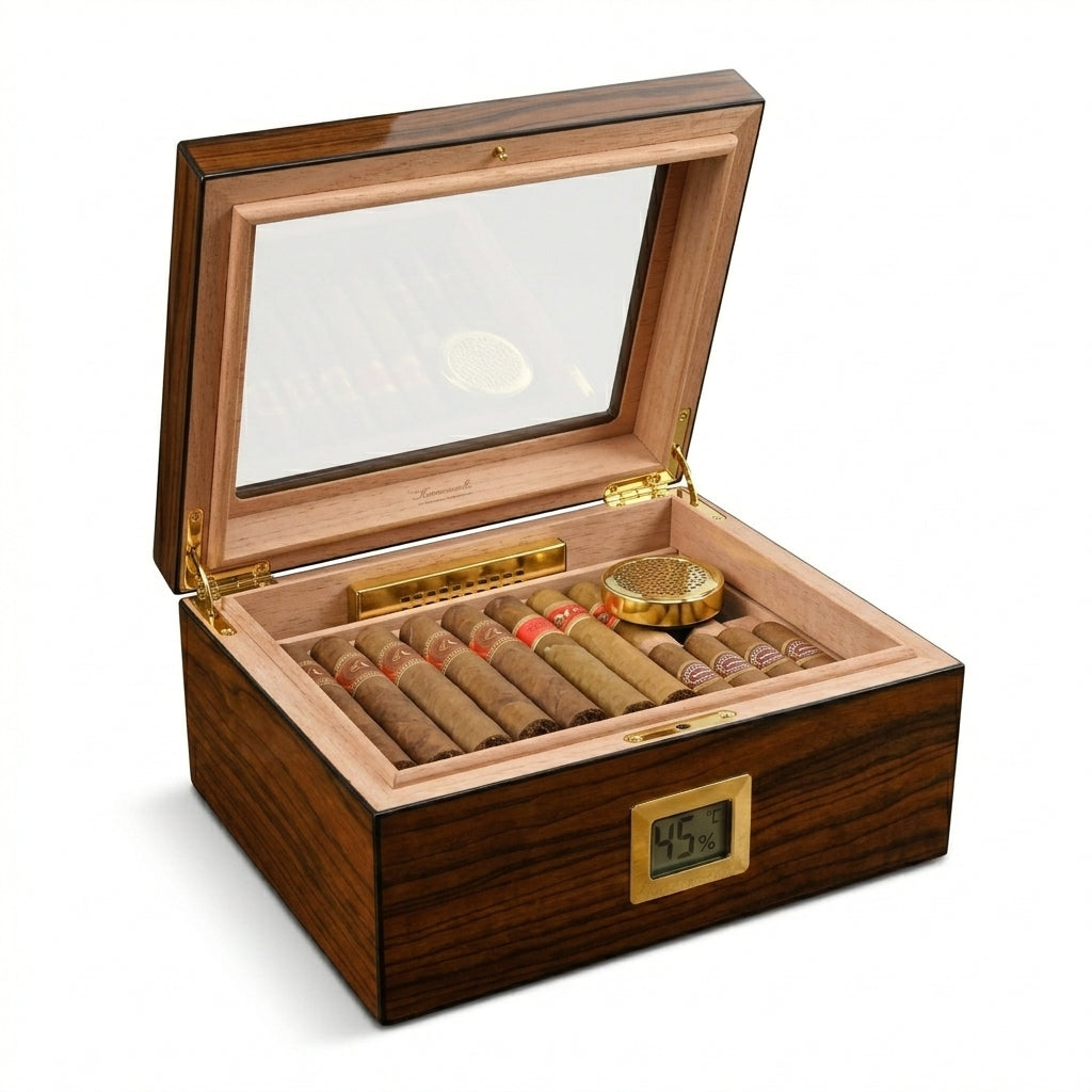 Wooden cigar humidor with cigars displayed inside on a desk - premium cigar storage experience