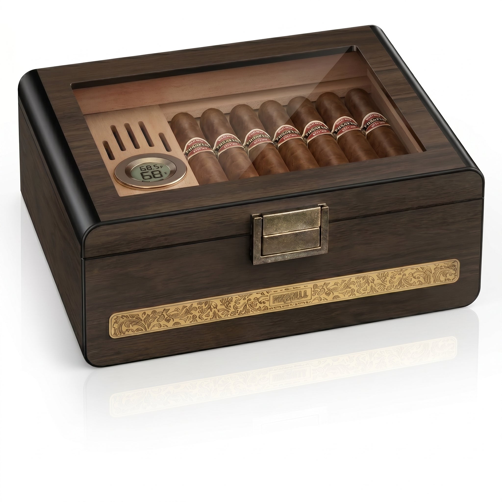 Consulate desktop cigar humidor in dark espresso cedar wood with glass lid closed, analog hygrometer visible on front, white background