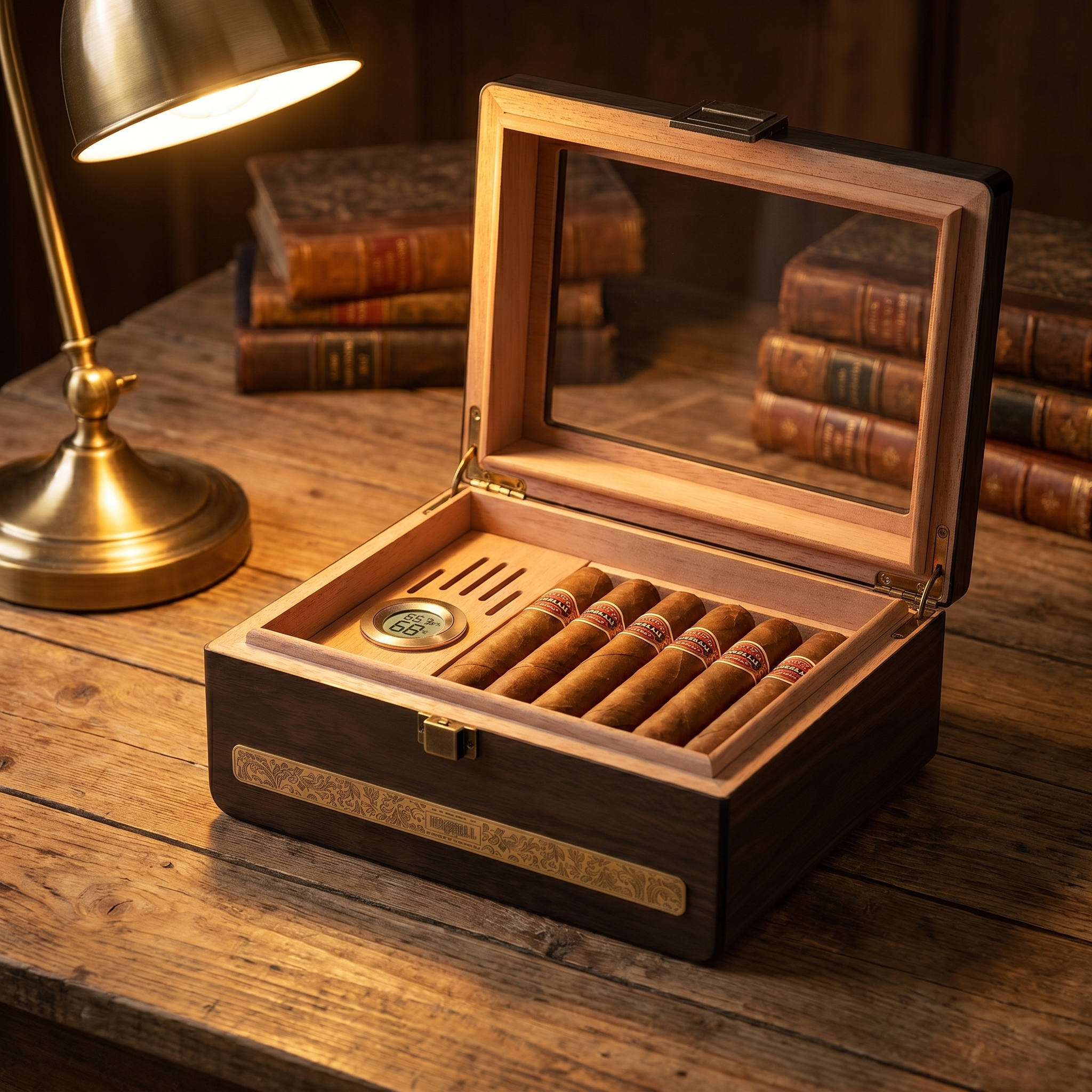 Consulate desktop cigar humidor open on a desk, showing cedar-lined interior with adjustable dividers and cigars, lifestyle setting