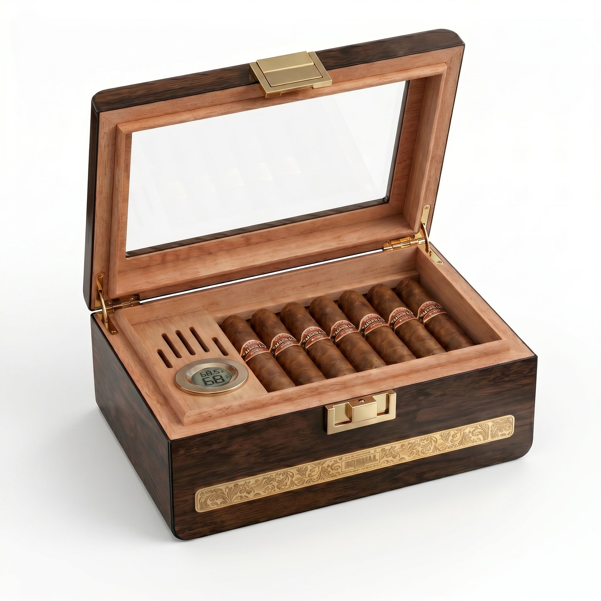 Consulate espresso wood humidor open on white background, revealing cedar dividers, velvet base, lid-mounted humidifier and analog hygrometer