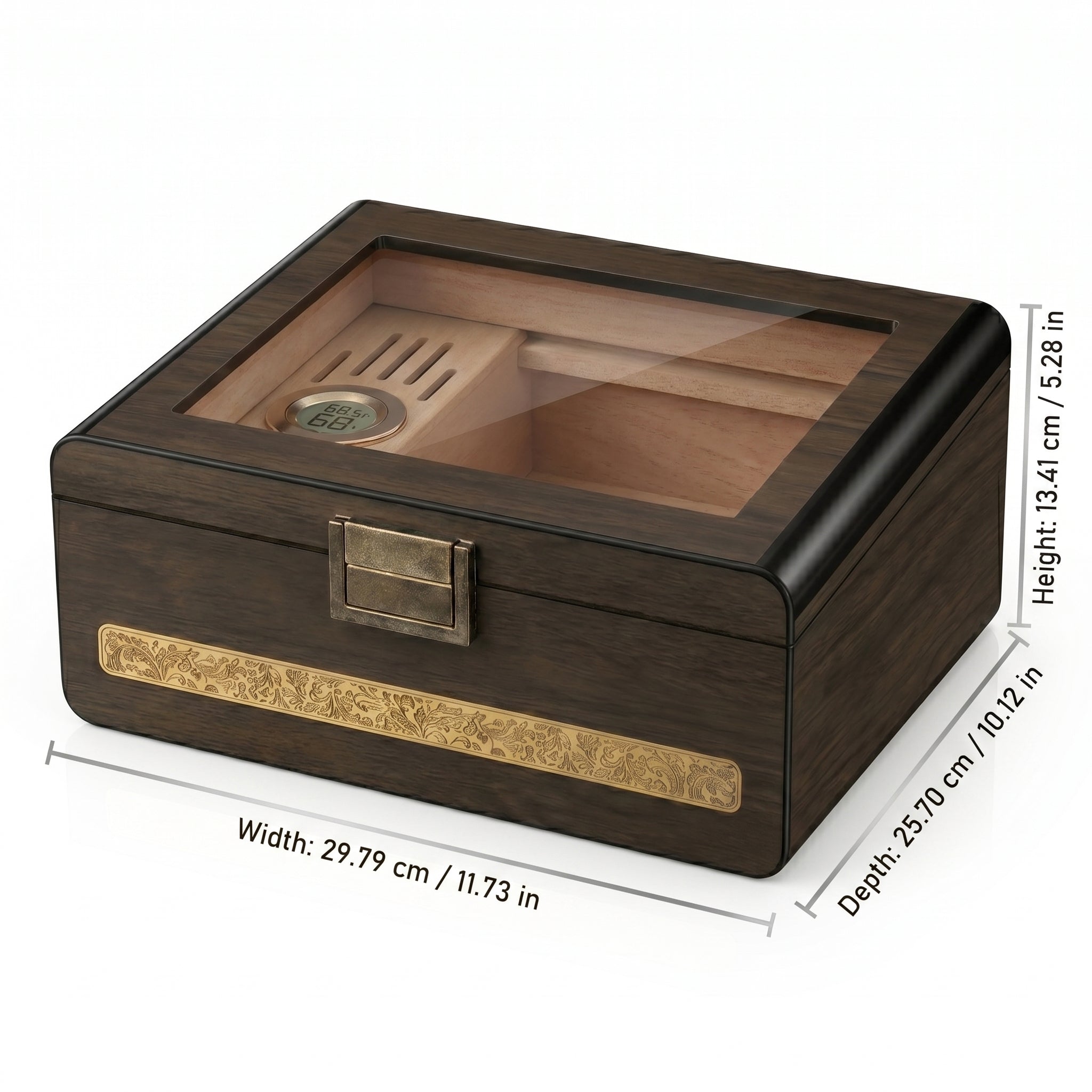 Consulate cedar humidor with product dimensions — 11.73 x 10.12 x 5.28 in — espresso wood finish, glass top, white background