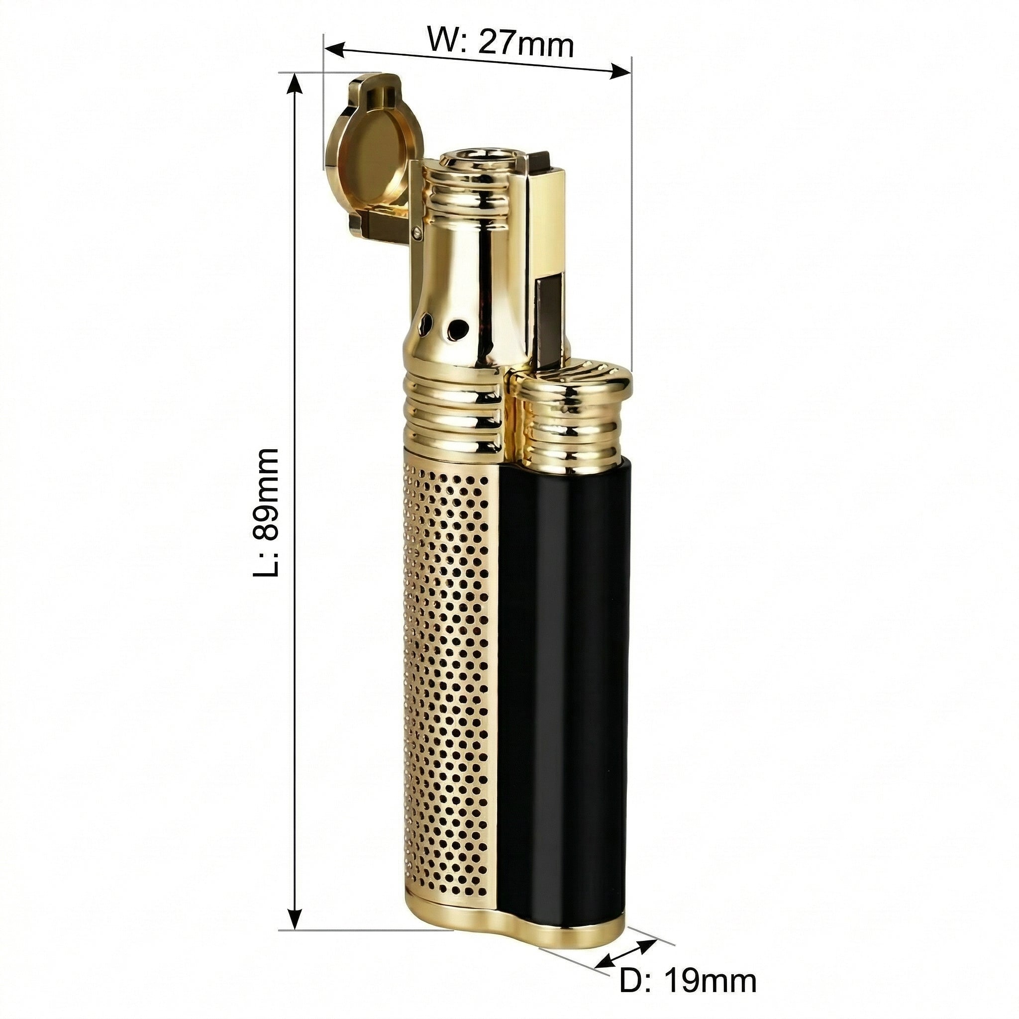 Technical product image of a gold and black torch lighter on a white background, featuring dimension lines indicating a height of 89mm, a width of 27mm, and a depth of 19mm.