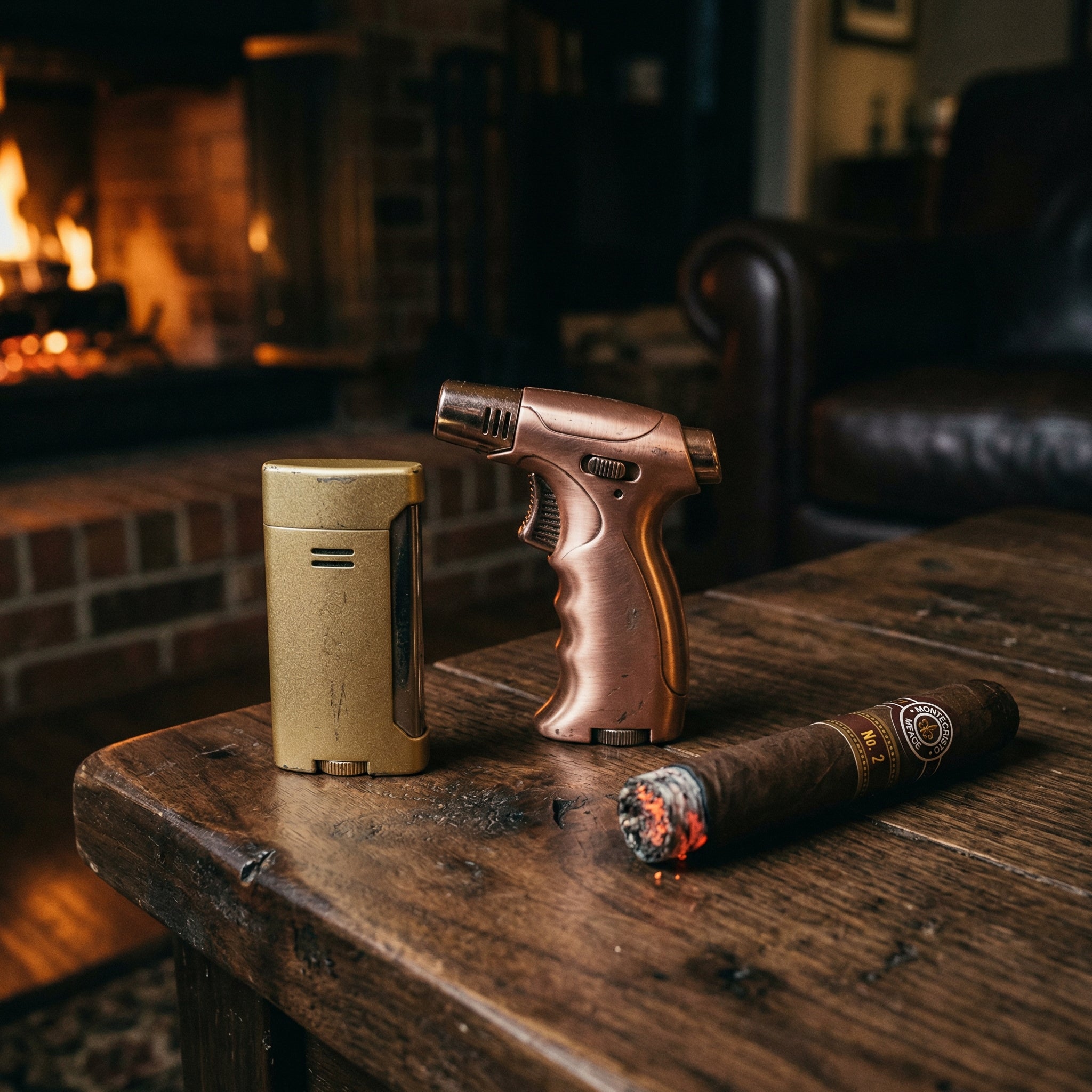 Luxury cigar lighter with brown leather finish and gold metal body - premium torch lighter for cigars