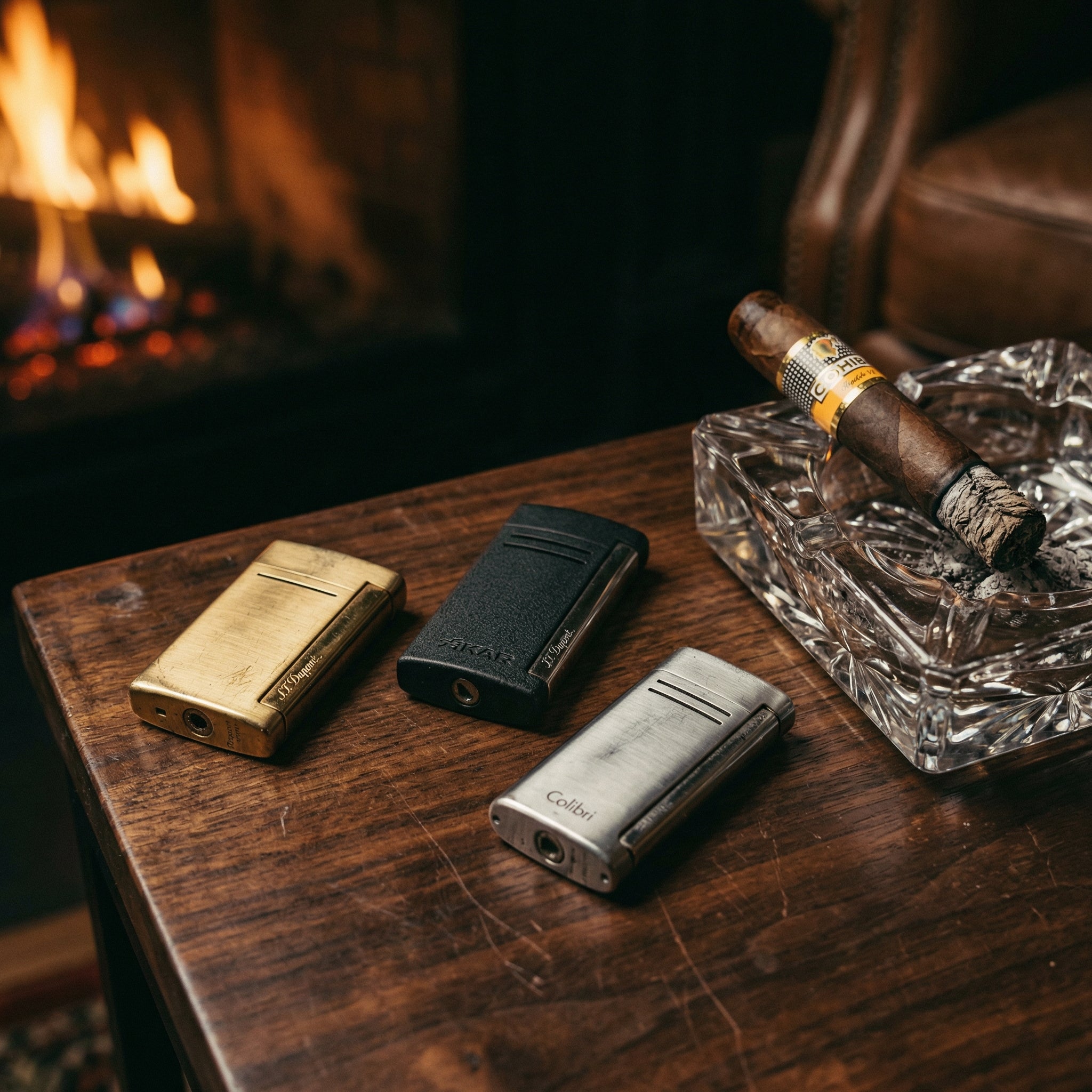 Luxury cigar lighter with brown leather finish and gold metal body - premium torch lighter for cigars