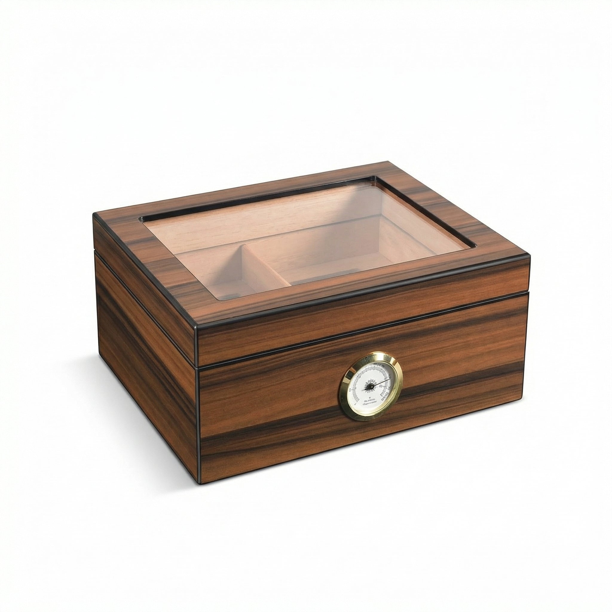 Open walnut wood cigar humidor with Spanish cedar lining, featuring adjustable dividers, humidifier, and premium cigars. Front-mounted gold analog hygrometer.