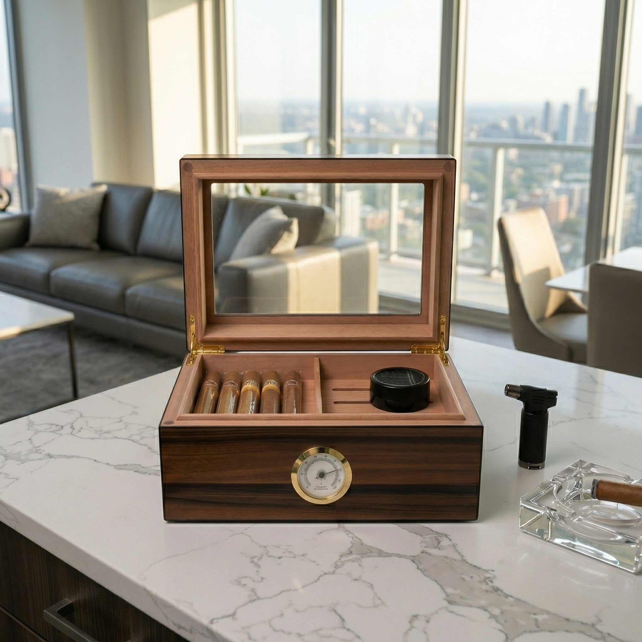 Open dark walnut wood cigar humidor with a matte finish and prominent deep brown and black grain patterns. Interior shows Spanish cedar lining, removable dividers, and a black humidifier disk. Glass lid open on white.