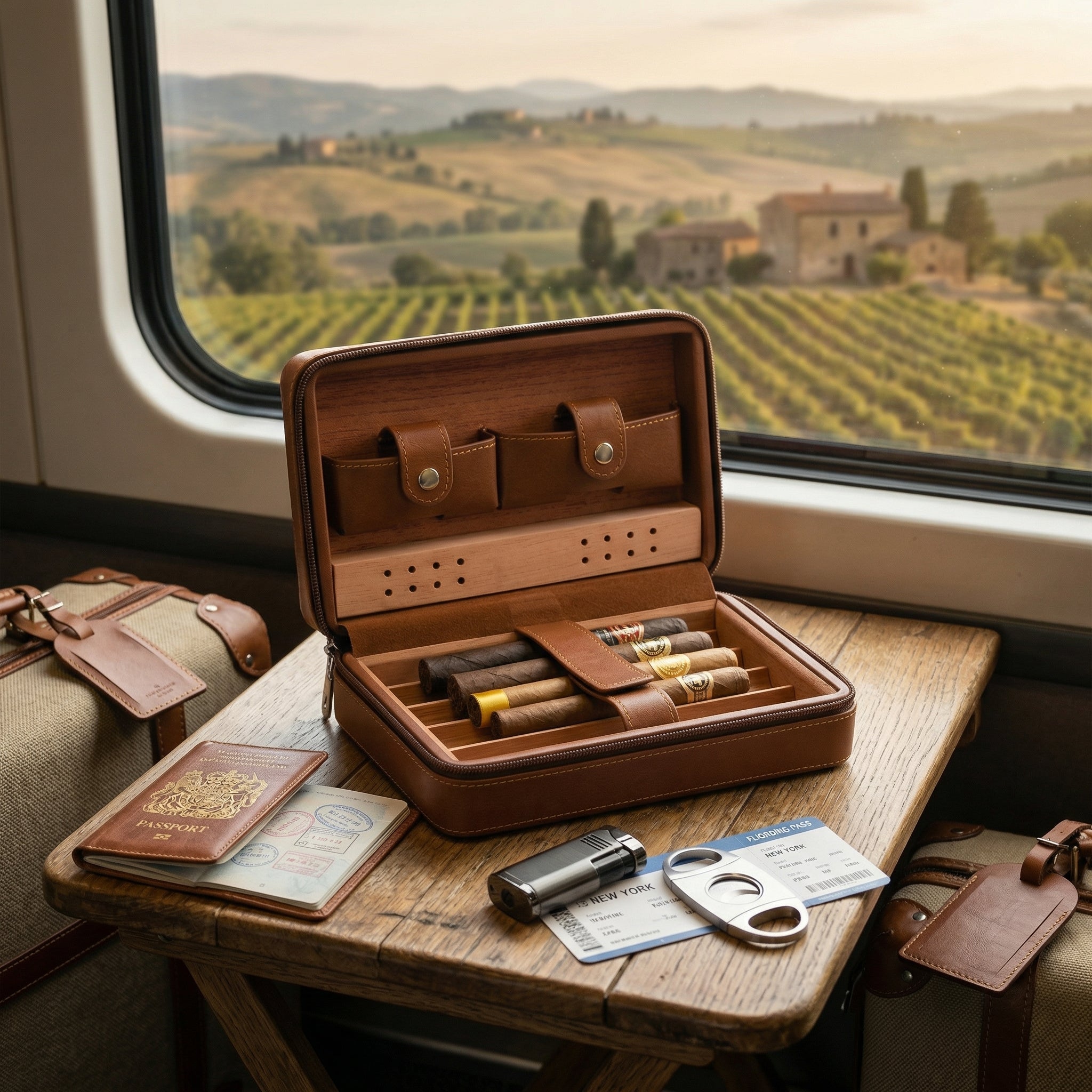 Portable brown leather travel cigar humidor with Spanish cedar wood lining. Open view shows a 5-cigar capacity tray, internal leather security strap, integrated humidifier bar, and two accessory pockets for a cigar lighter and cutter.