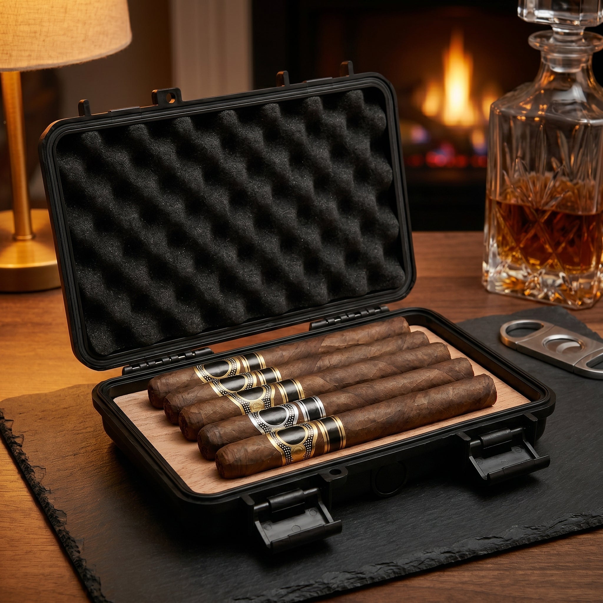 Cedar Shell travel humidor open on a desk, showing natural cedar-lined interior with quilted foam base holding 5 cigars