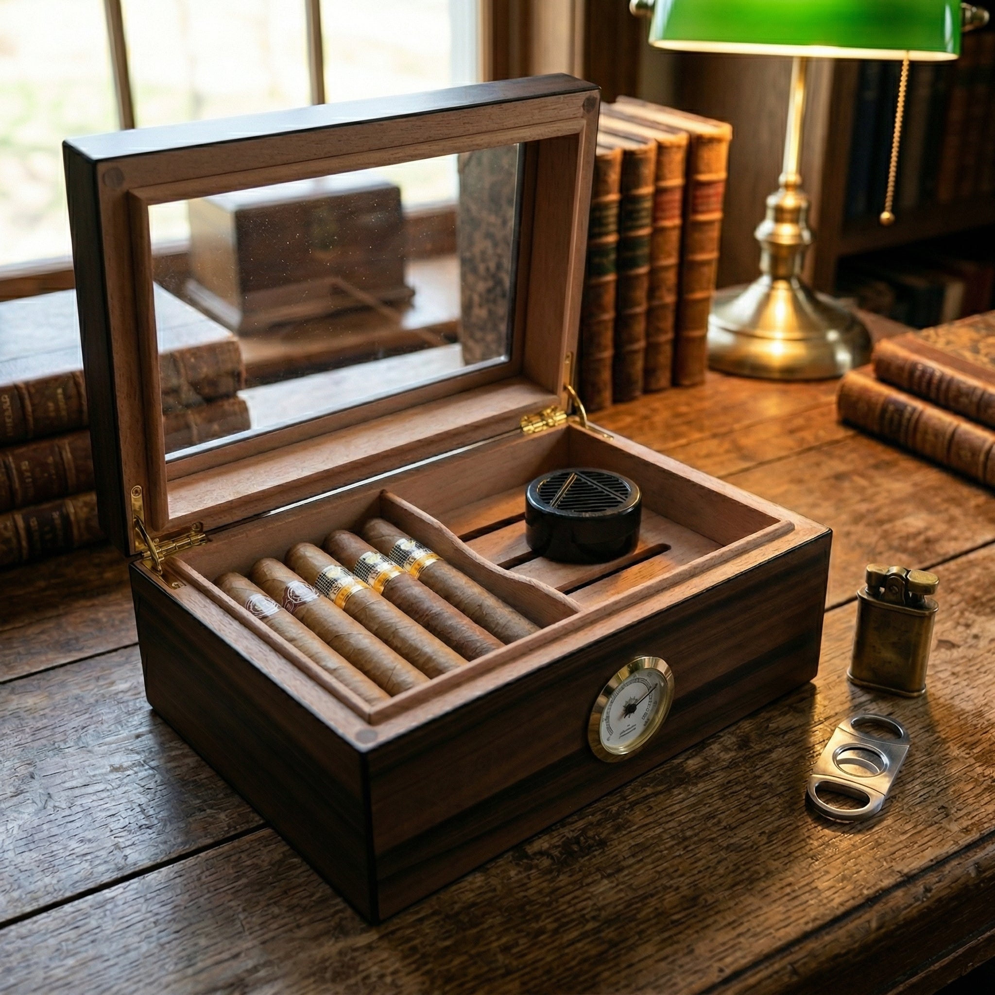 Close-up of an open Spanish cedar-lined humidor lid, showcasing a gold-rimmed analog hygrometer and a black humidifier disc. The high-quality cedar wood grain and gold hardware reflect a premium, traditional design for cigar storage.
