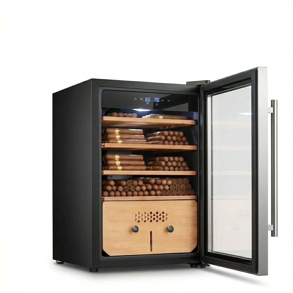 Electric cigar humidor cabinet with glass door and wooden shelves - premium cigar storage solution
