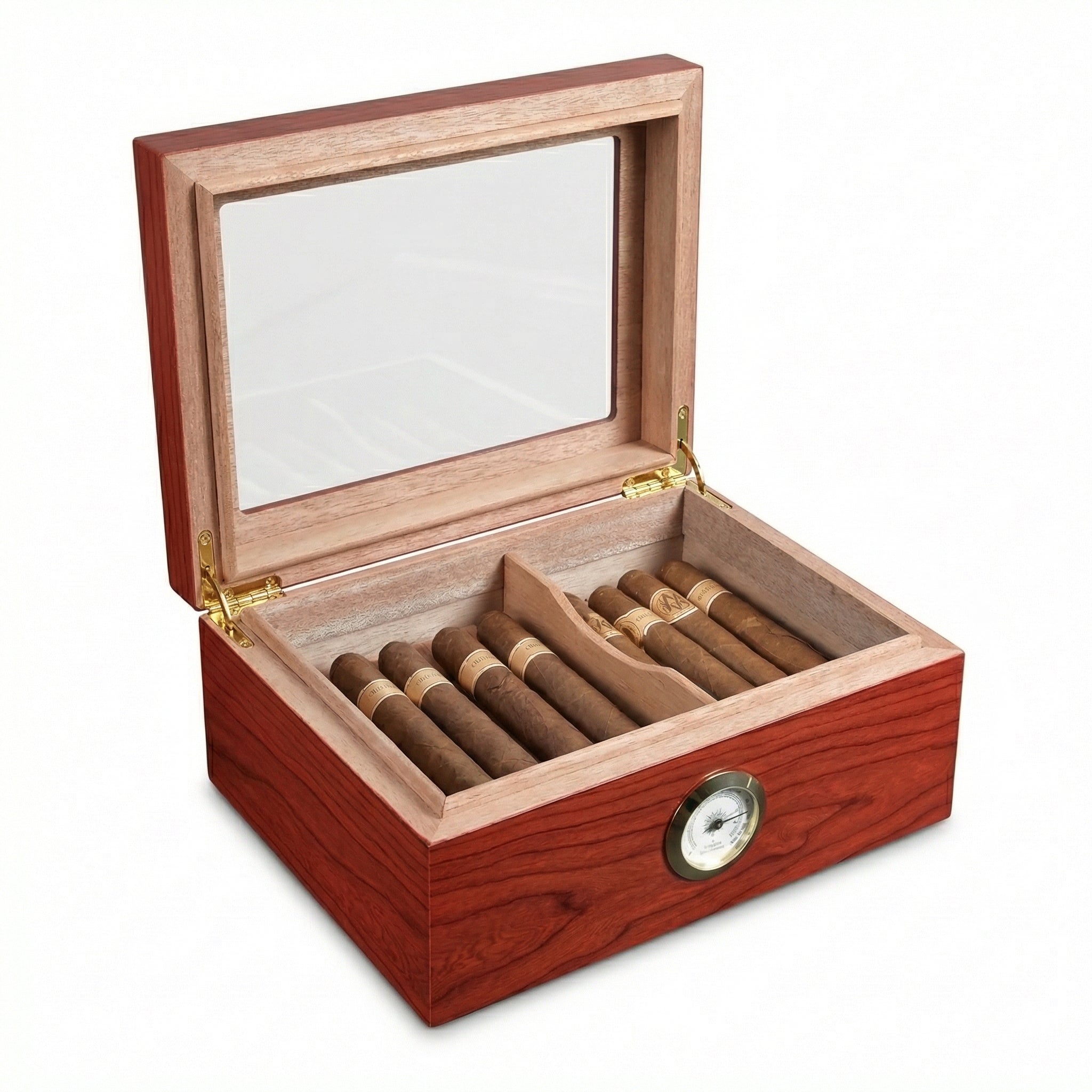 Open luxury humidor featuring a vibrant yellow burl wood high-gloss finish. Interior reveals premium Spanish cedar lining, adjustable dividers, a black humidifier, and cigars. Front-facing gold analog hygrometer for precise climate monitoring.