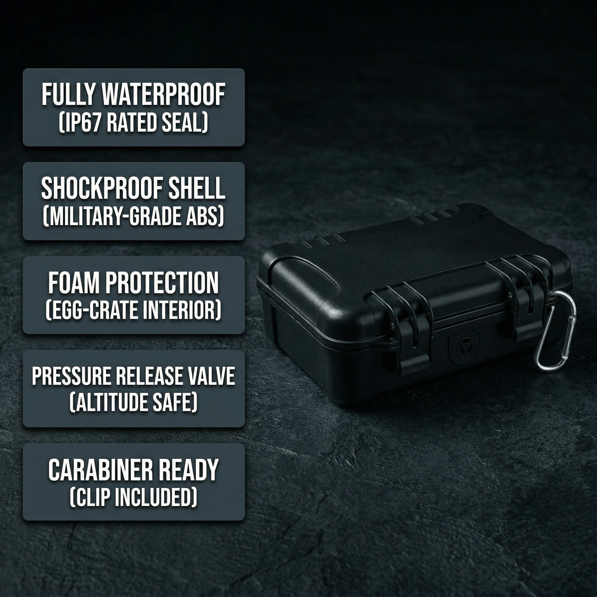 Matte black hard-shell waterproof travel cigar case on dark textured surface with feature callouts: IP67 rated seal, military-grade ABS shell, egg-crate foam interior, altitude-safe pressure release valve, and carabiner clip included