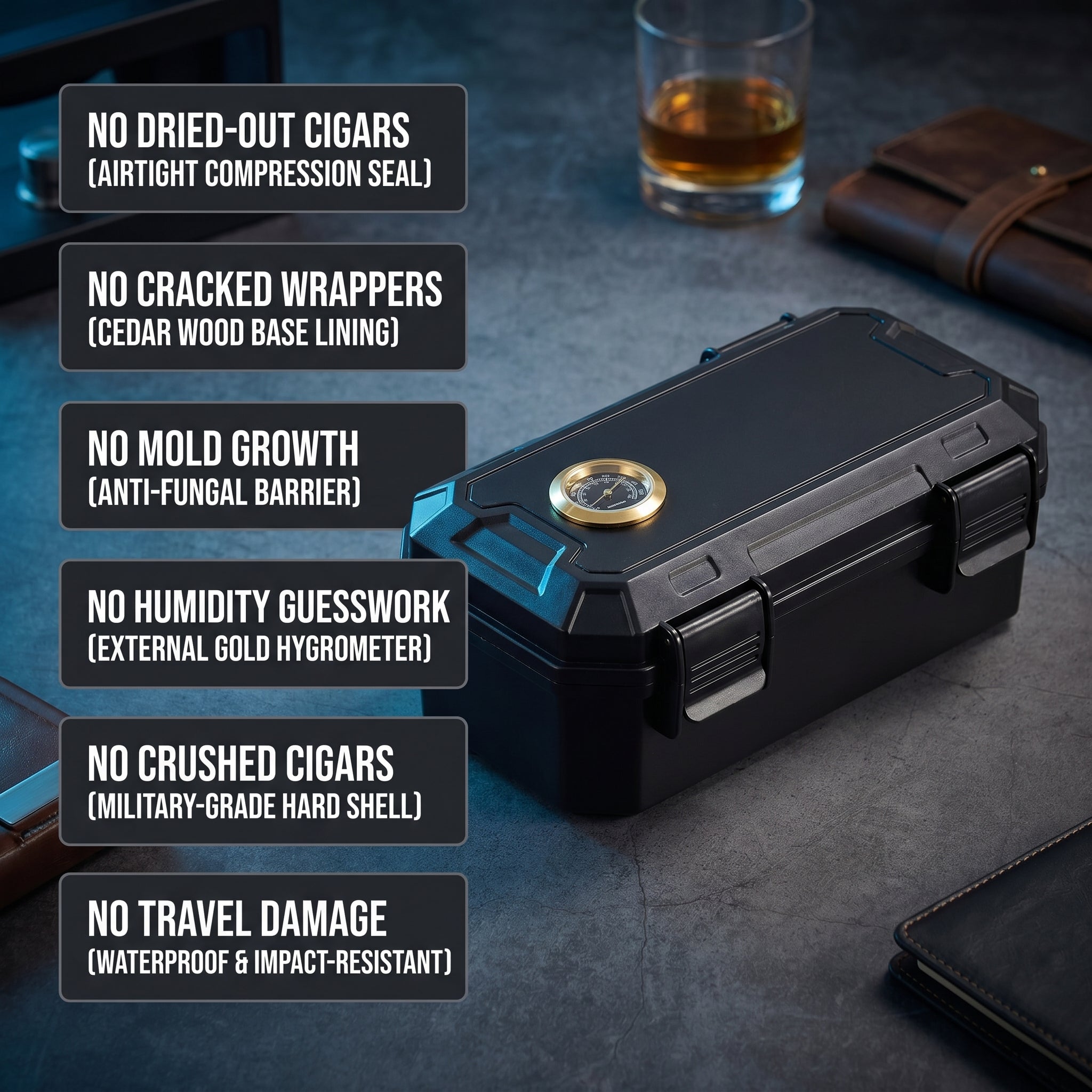 Obsidian travel kit with labeled feature callouts: waterproof ABS shell, 3-layer cedar interior, integrated hygrometer, humidifier, windproof torch lighter, and ashtray