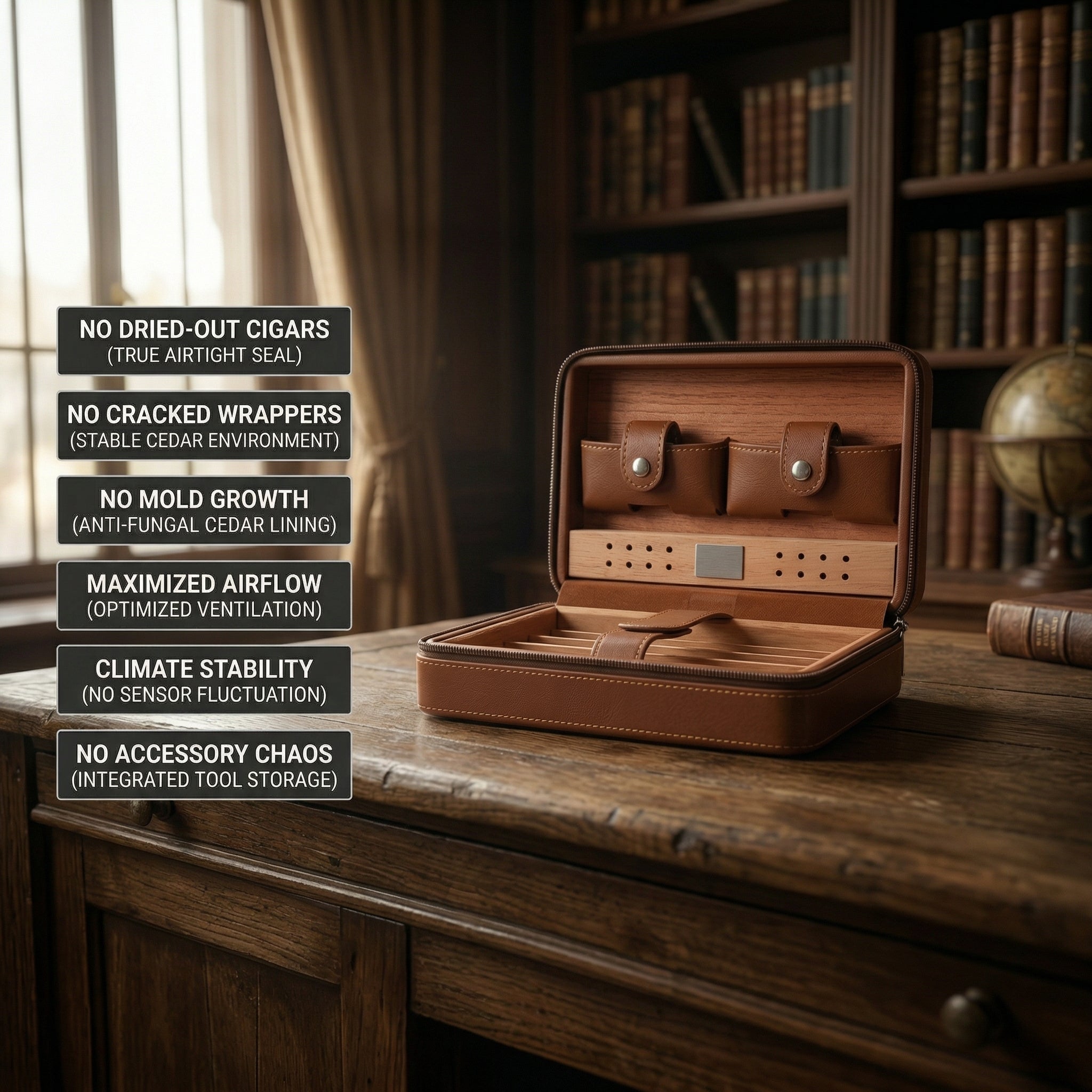 Portable brown leather travel cigar humidor with Spanish cedar wood lining. Open view shows a 5-cigar capacity tray, internal leather security strap, integrated humidifier bar, and two accessory pockets for a cigar lighter and cutter.