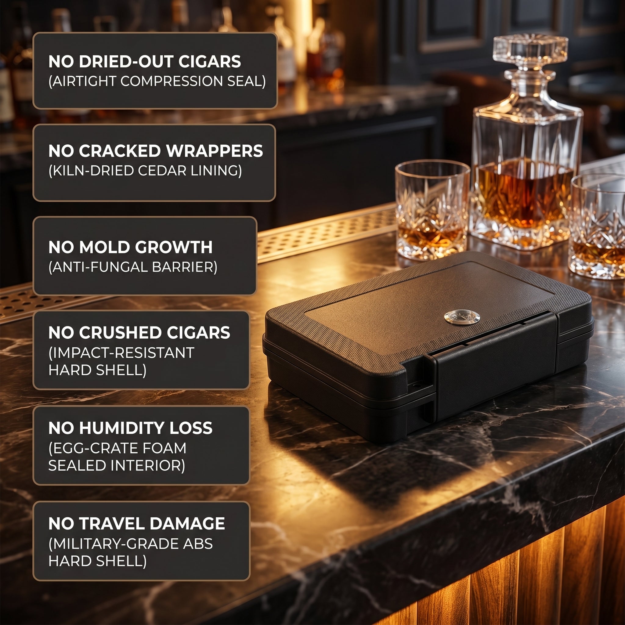 Vanguard travel humidor with labeled feature callouts: crushproof ABS shell, flush-mounted hygrometer, foam-fitted interior, and included humidification device