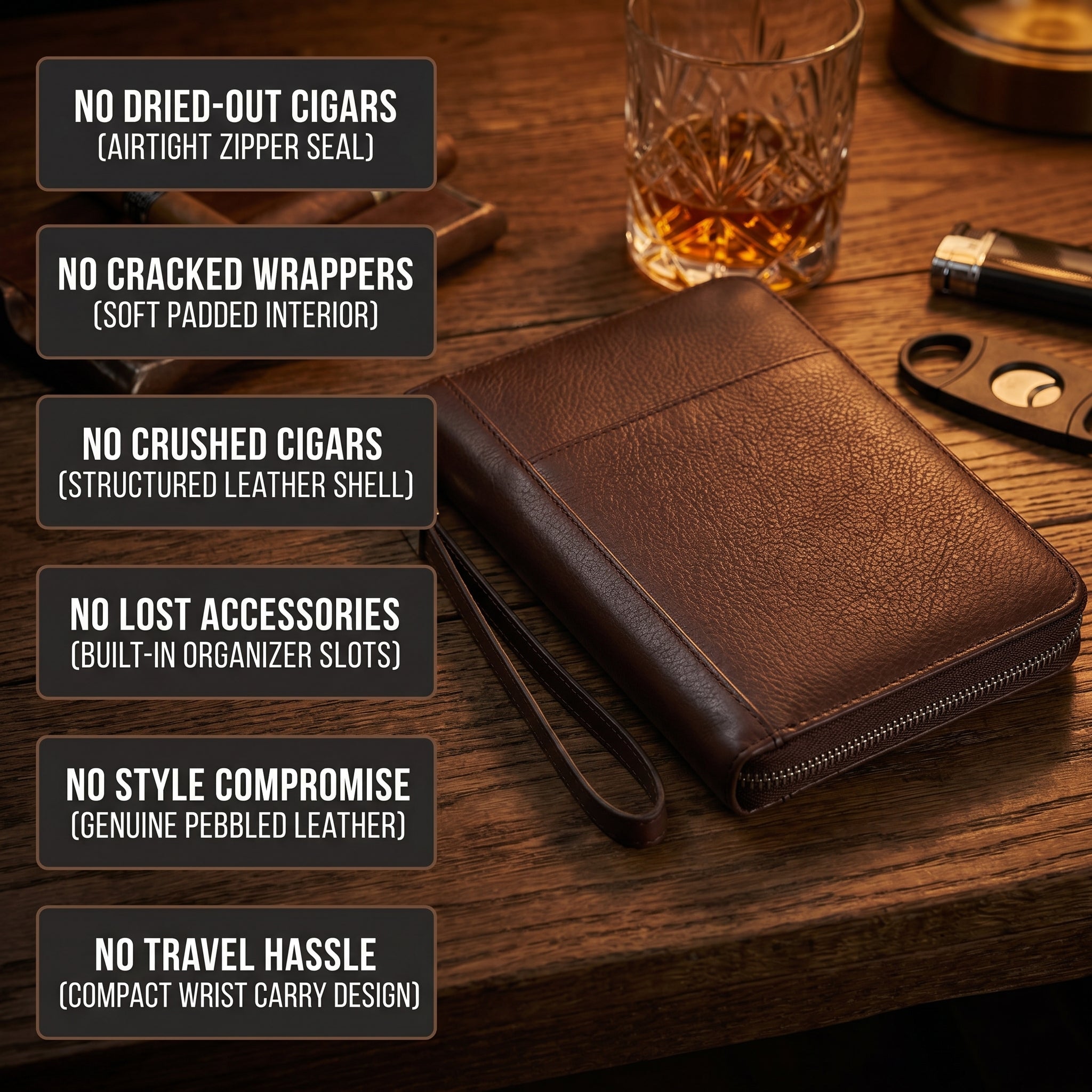 Garrison leather cigar folio with labeled feature callouts: 5-cigar sleeve, card slots, accessory pocket, pen loop, and full-perimeter zipper