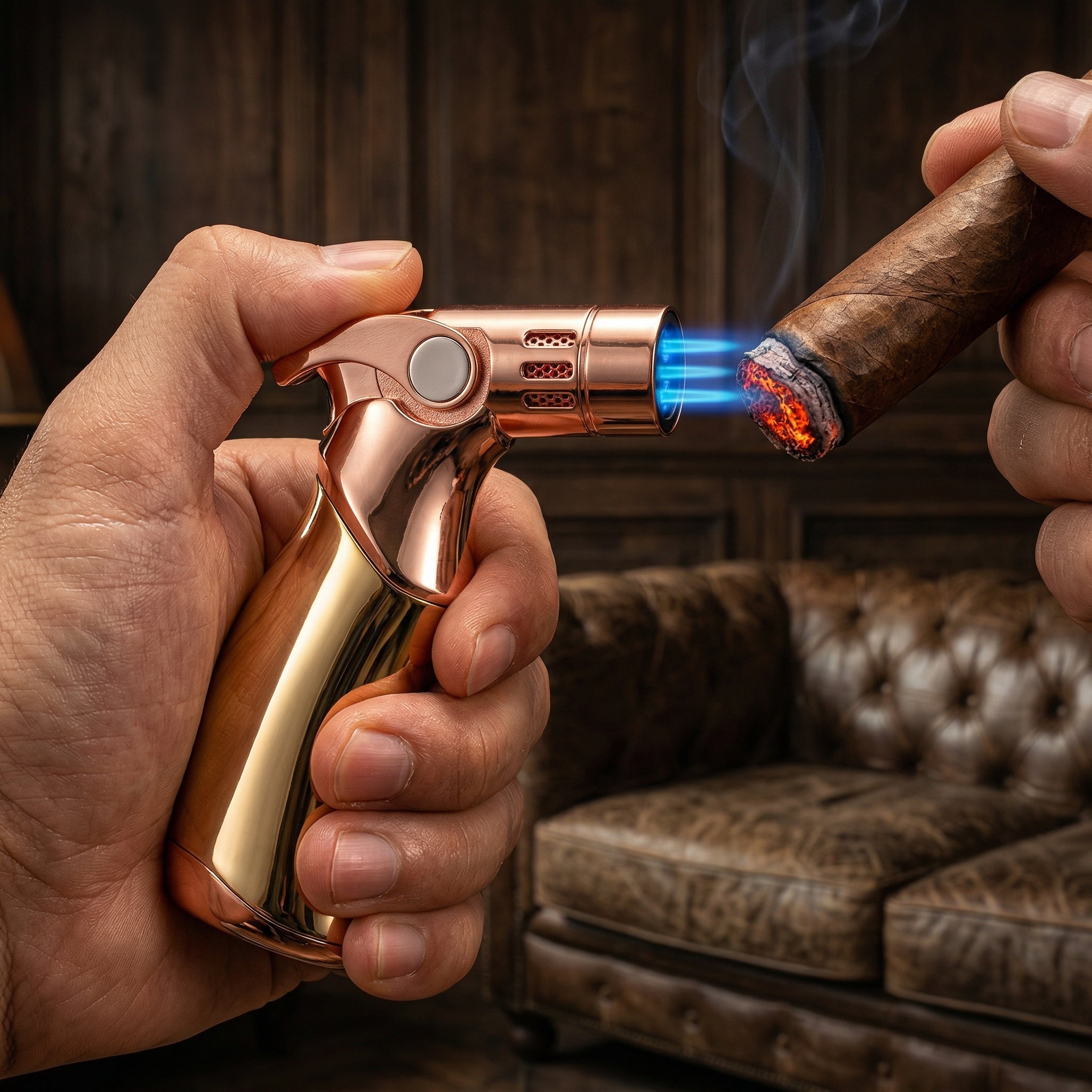 Lifestyle action shot of hands using a rose-gold and polished chrome pistol-grip torch lighter to light a premium cigar. Three powerful blue horizontal flames are aimed at the glowing cigar foot, set against a background of a classic leather tufted sofa in a dark lounge.
