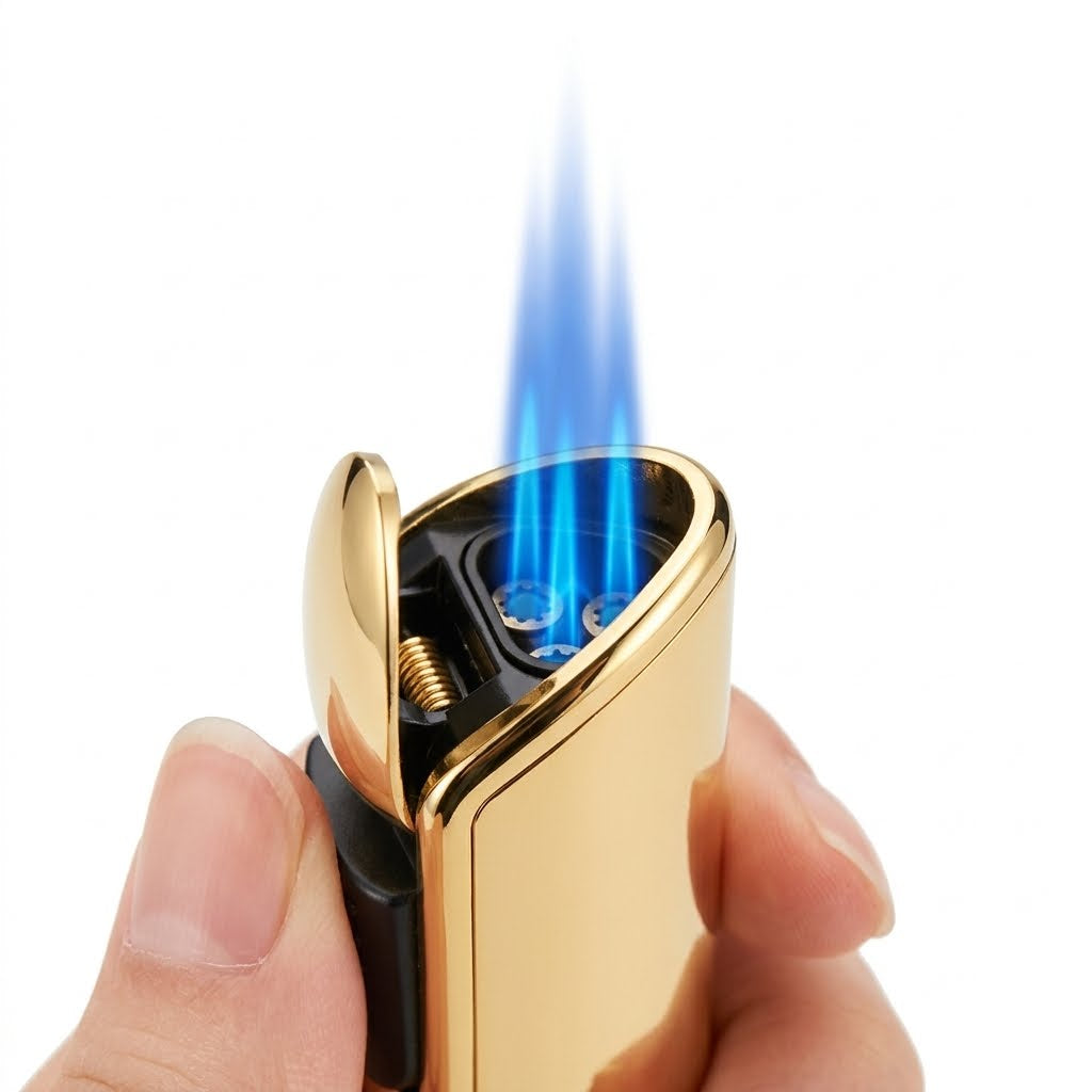 Powerful blue torch flame cigar lighter in use - windproof precision ignition